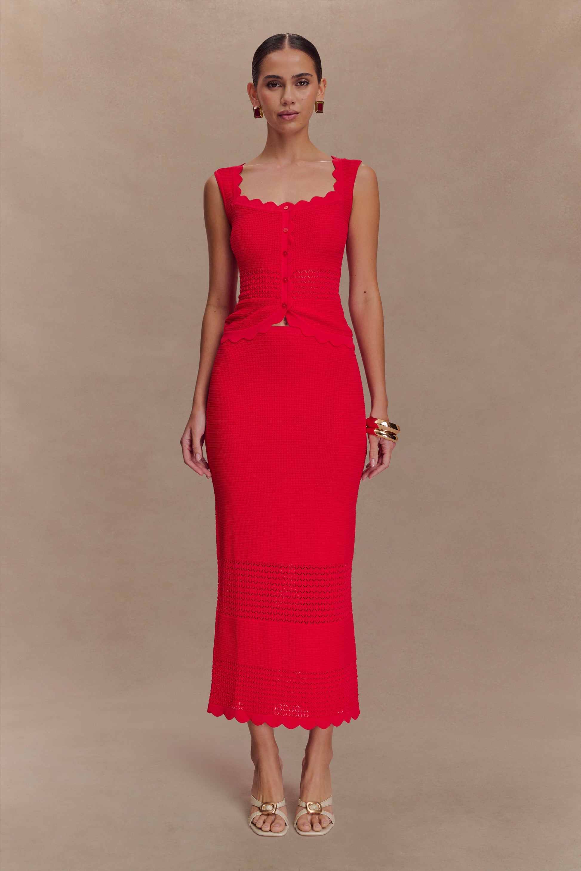 Madeline Scallop Knit Midi Skirt - Red #3