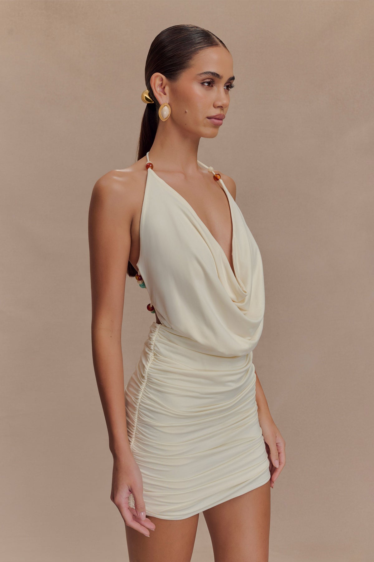Astraeus Beaded Cowl Mini Dress - Ivory #6