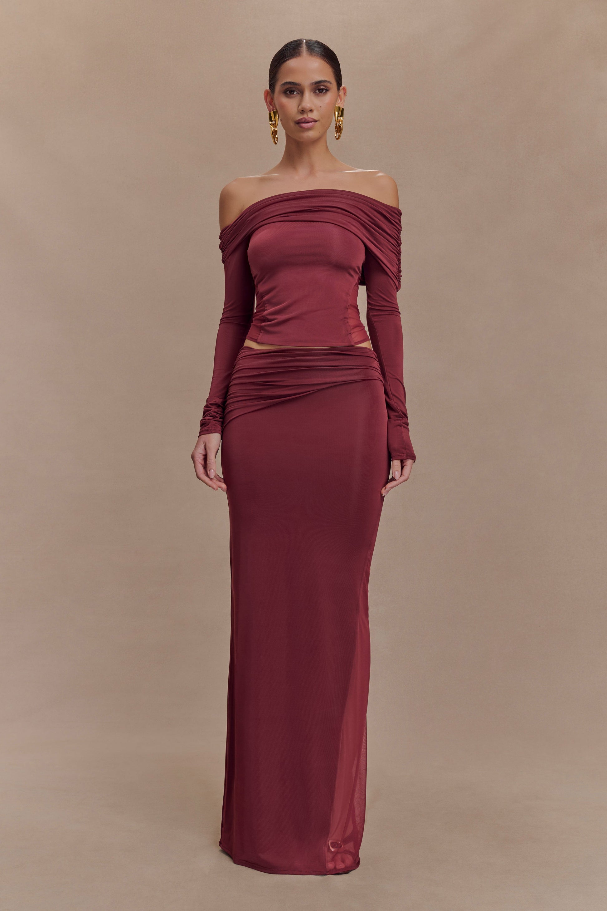 Judy Slinky And Mesh Maxi Skirt - Wine #3