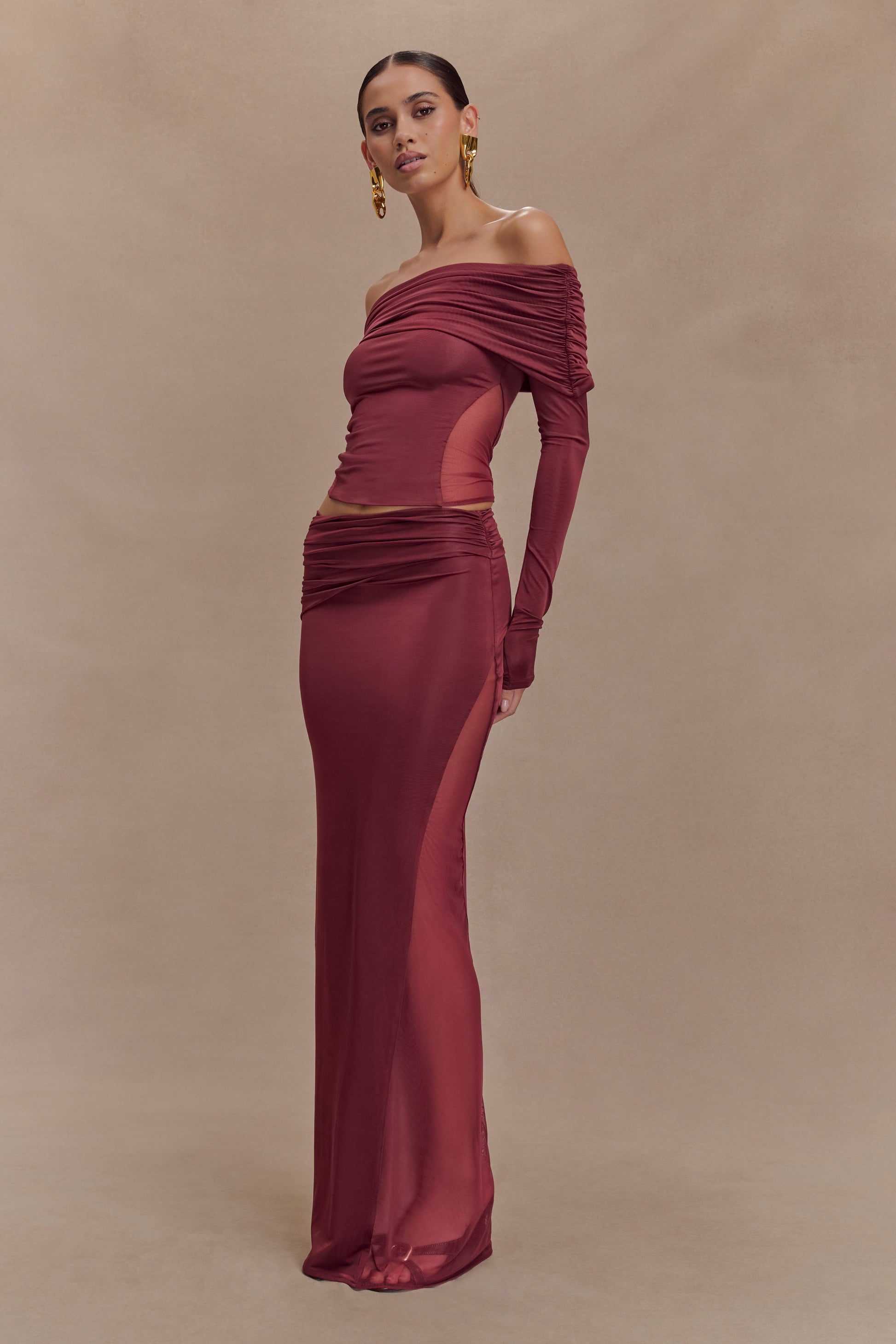 Judy Slinky And Mesh Maxi Skirt - Wine #4