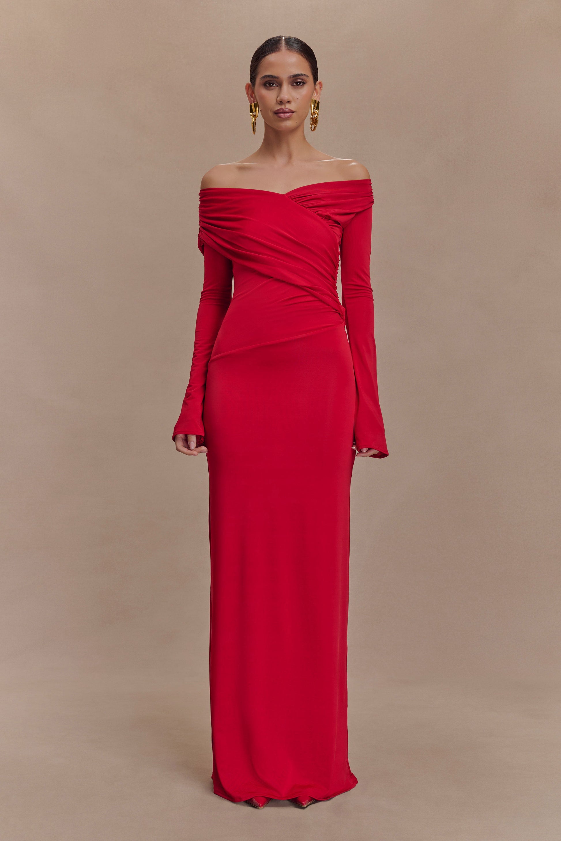 Therese Off Shoulder Ruched Maxi Dress - Red #2
