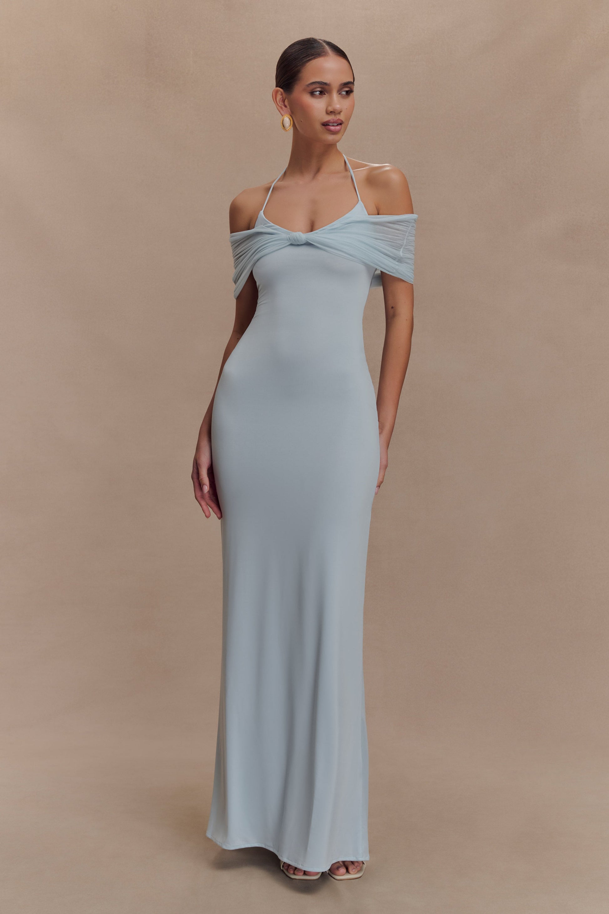 Bernadina Mesh And Slinky Halter Maxi Dress - Pale Blue #5