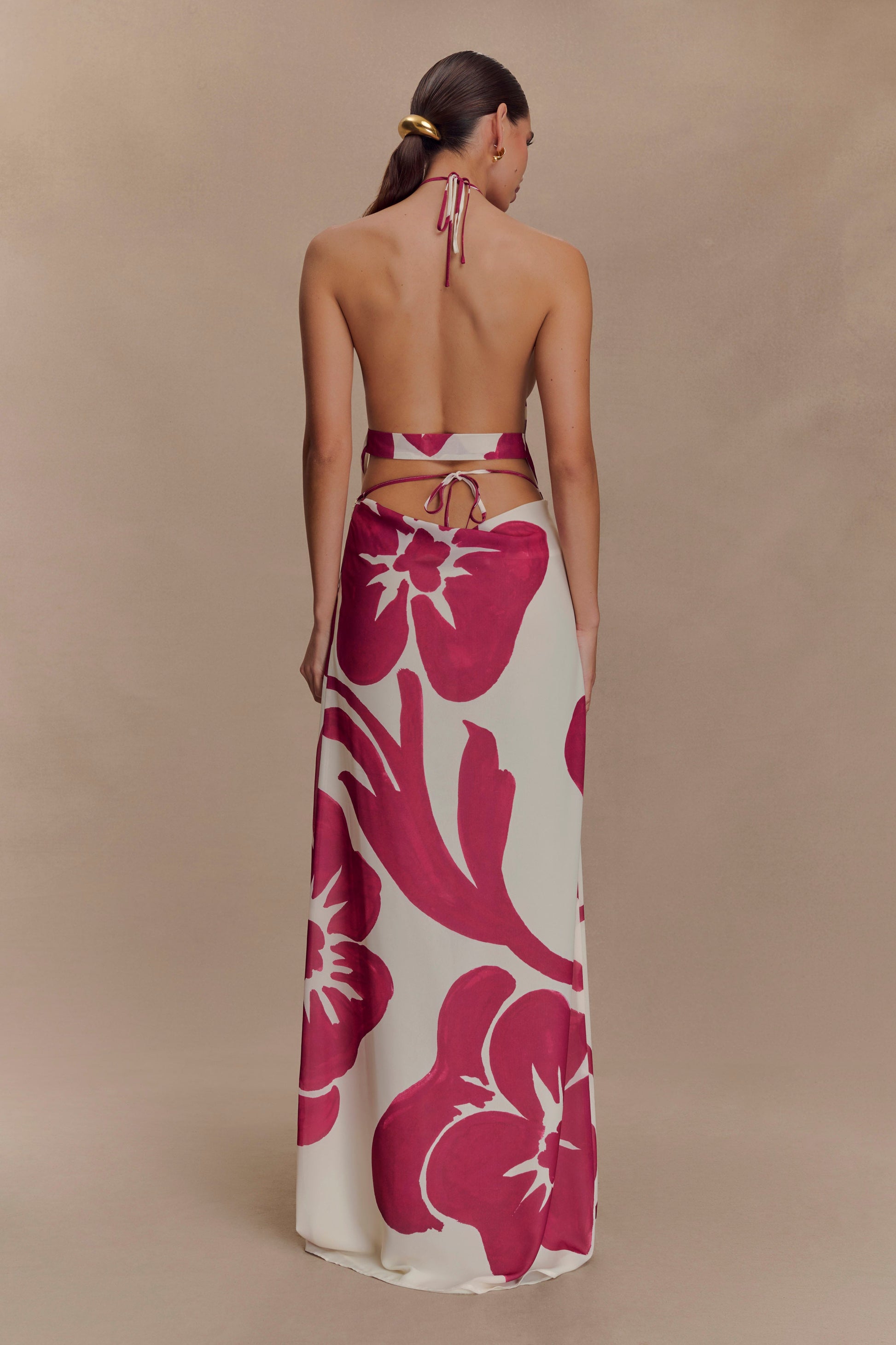 Katalina Chiffon Cowl Halter Top - Red Deco Fleur Print #3
