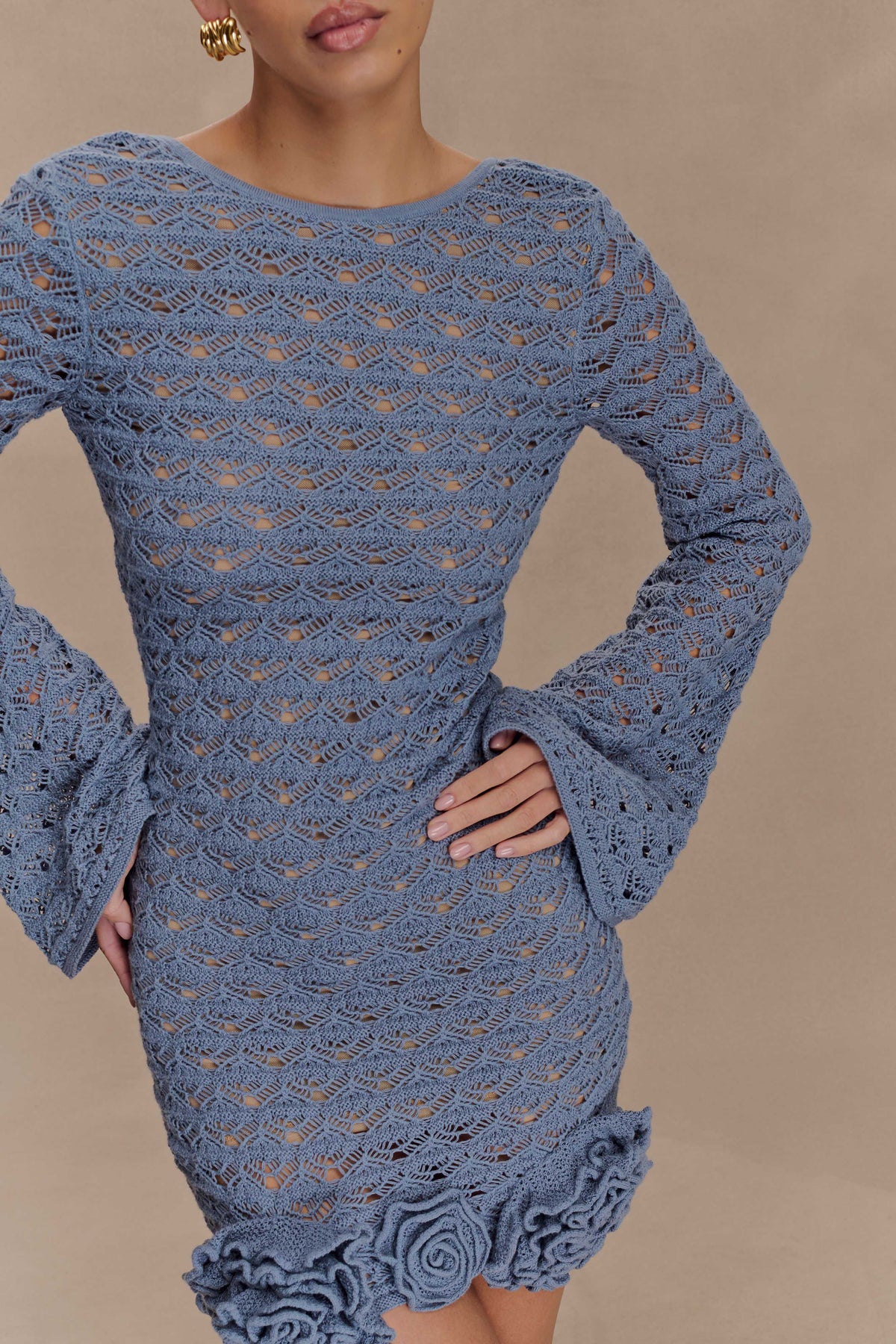 Aileen Ruffle Crochet Mini Dress - Steel Blue #3