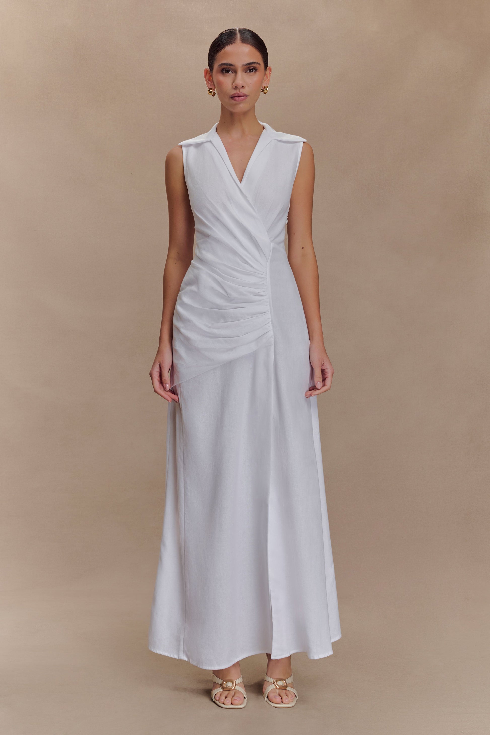 Dante Ruched Linen Midi Dress - White #7