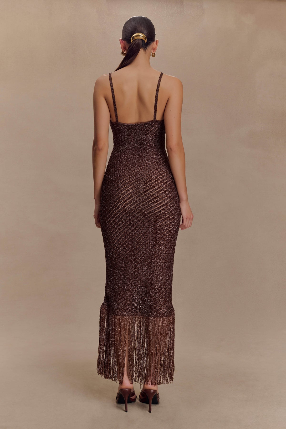 Raelynn Metallic Knit Fringe Midi Dress - Dark Chocolate #3