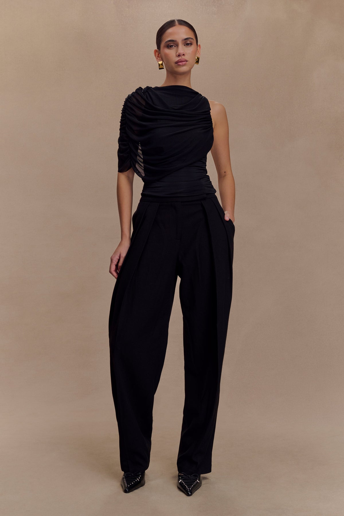 Pruedance Slinky Draped Top With Mesh Overlay - Black #5