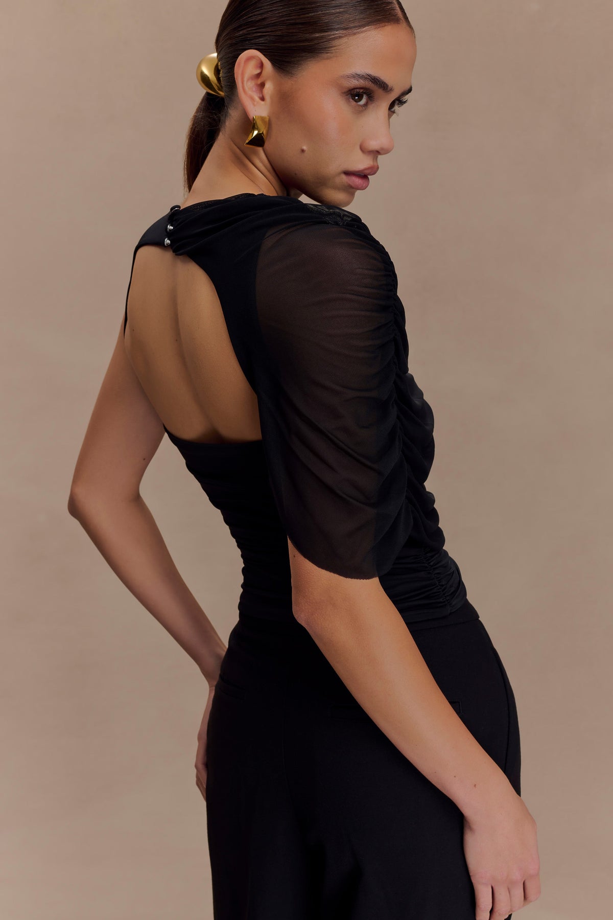 Pruedance Slinky Draped Top With Mesh Overlay - Black #2