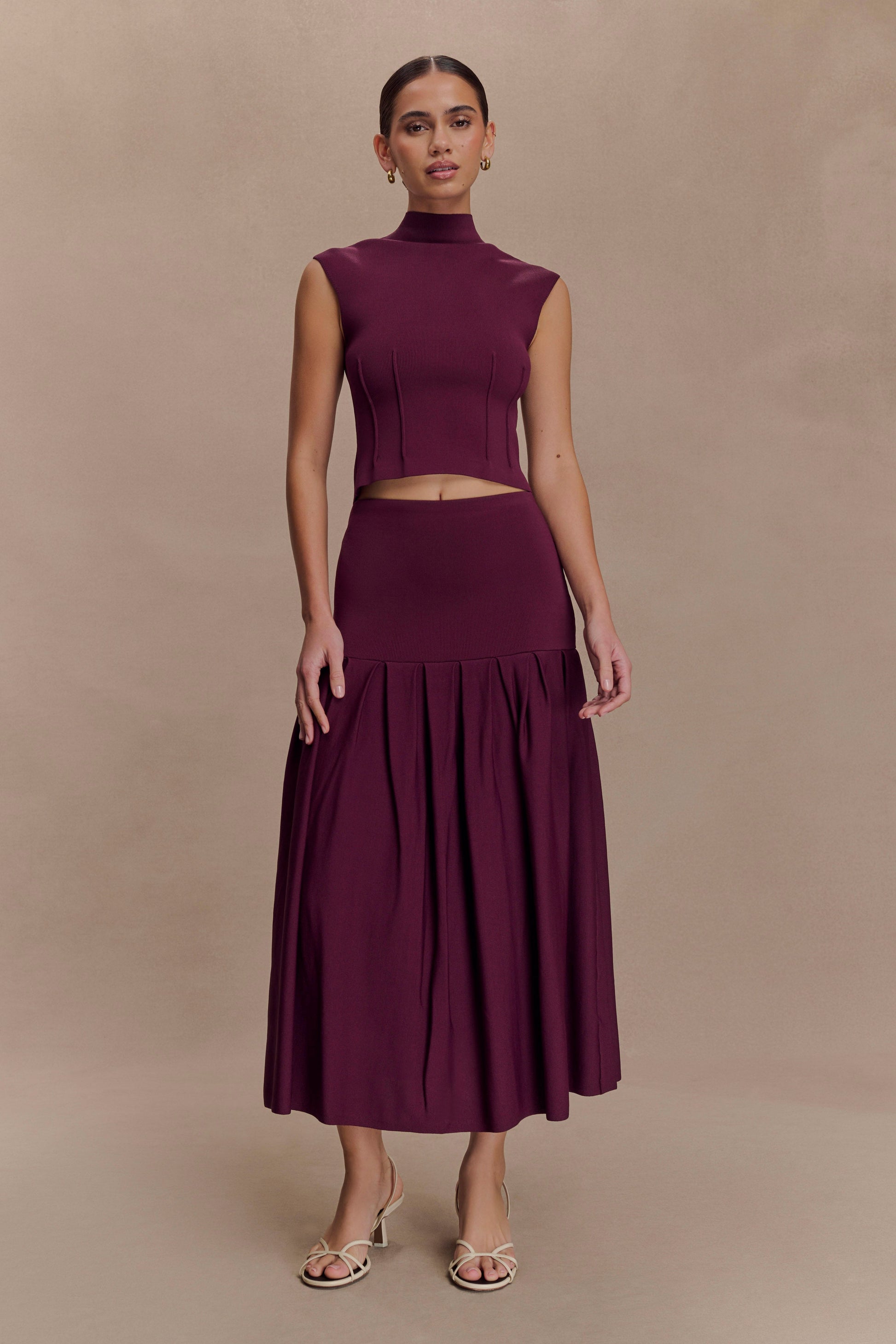 Romaine High Neck Bandage Knit Top - Wine #6
