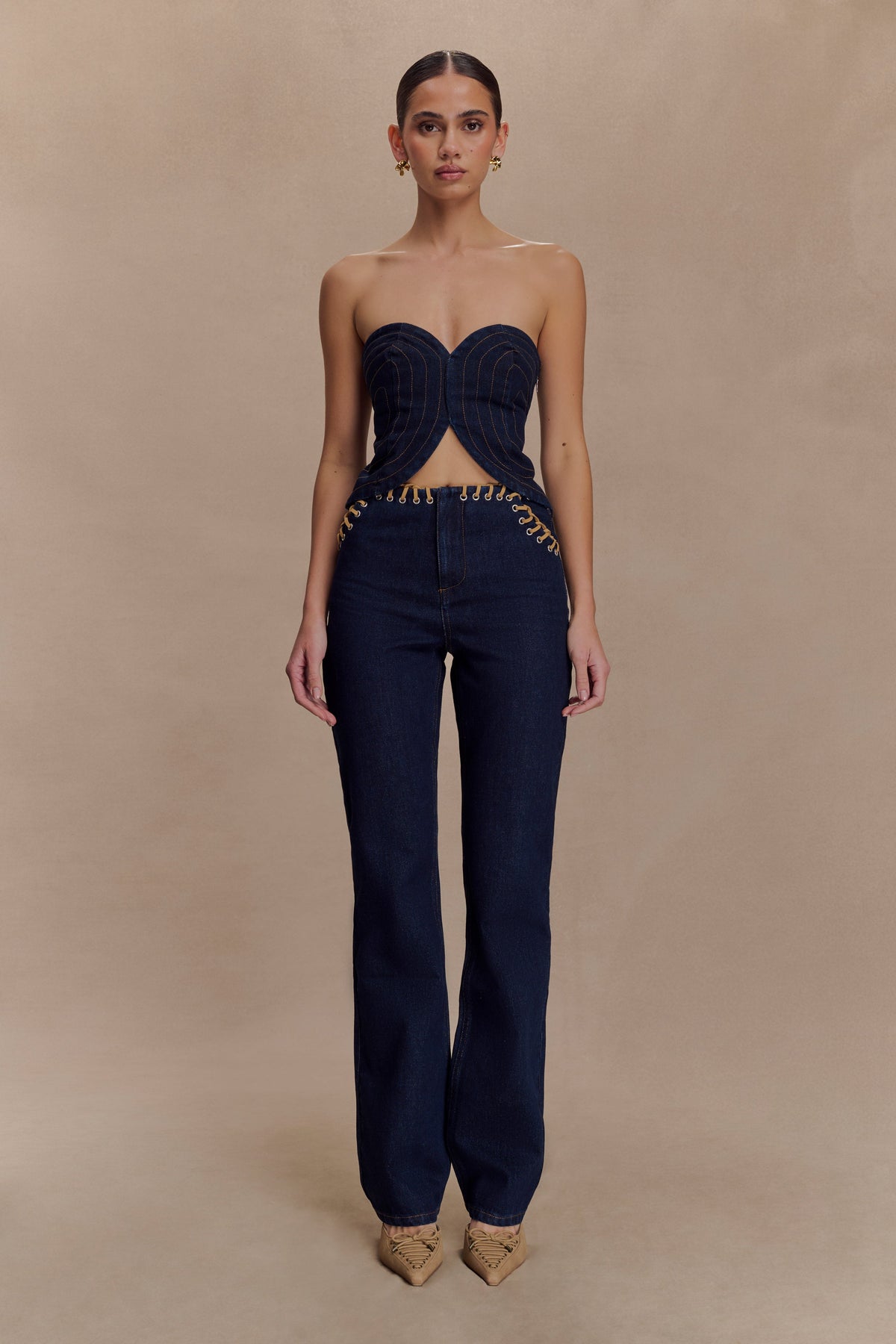 Tully Strapless Topstitch Denim Top - Indigo Blue #6