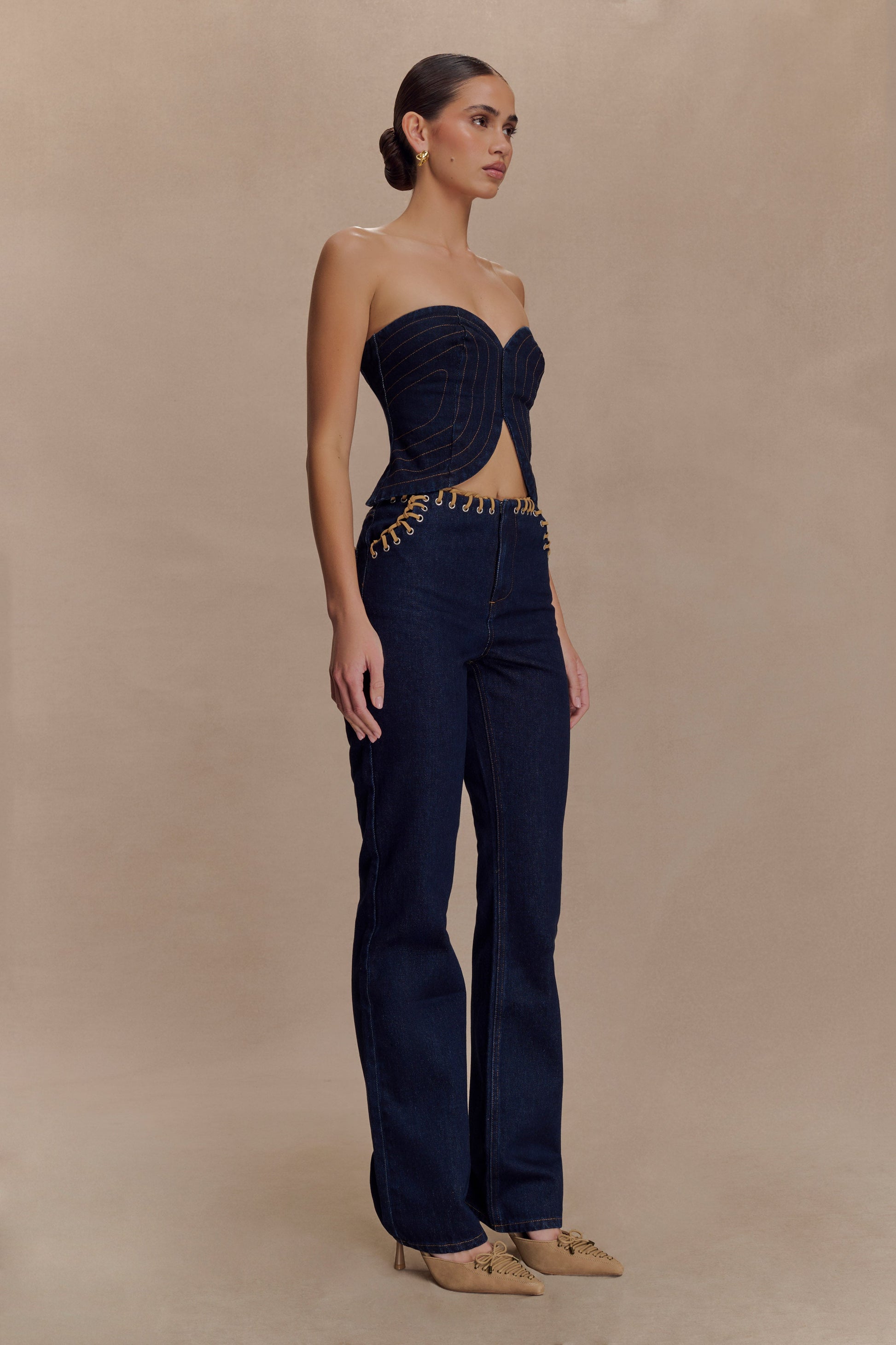 Meryl Lace Up Denim Jean - Indigo Blue #3