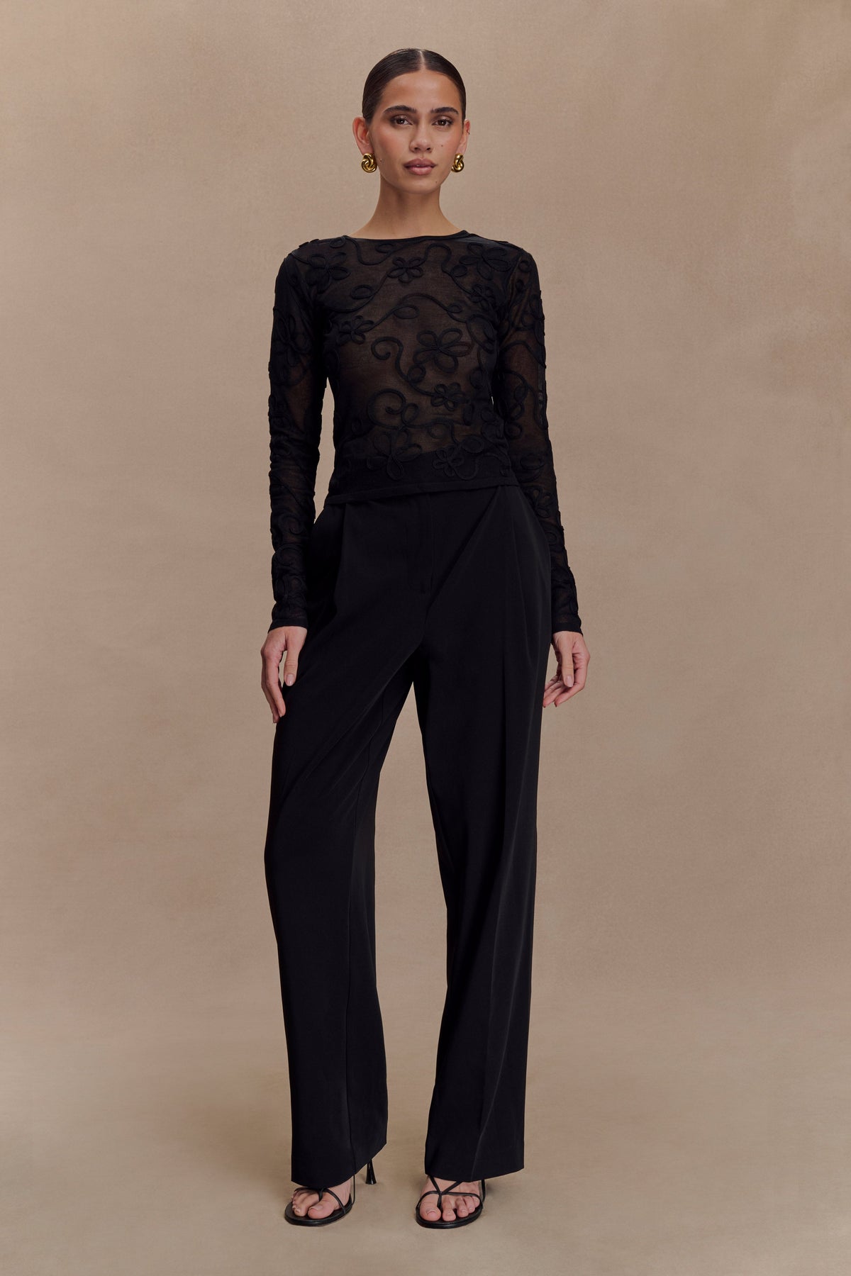 Omari Embroidery Long Sleeve Knit Top - Black