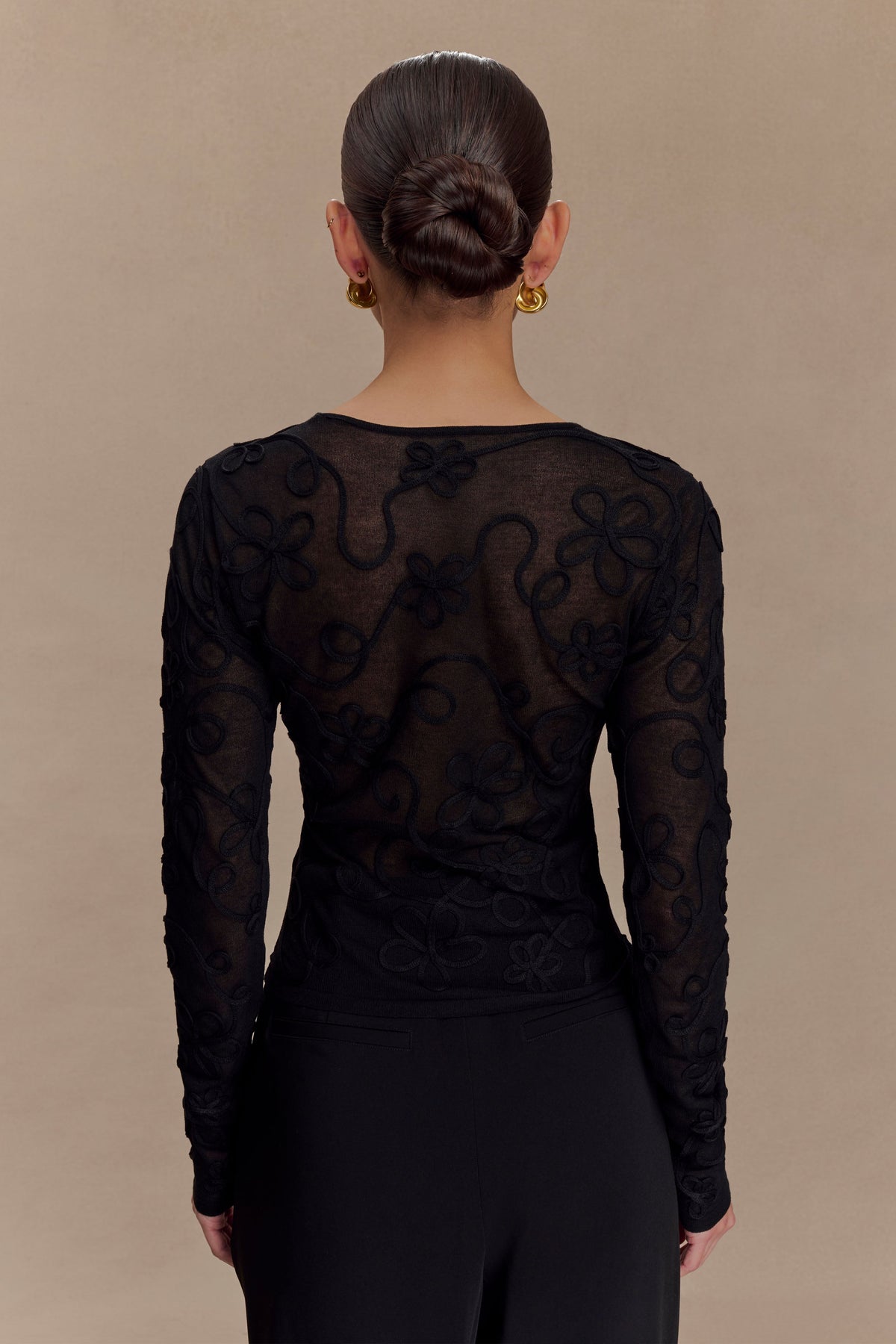 Omari Embroidery Long Sleeve Knit Top - Black