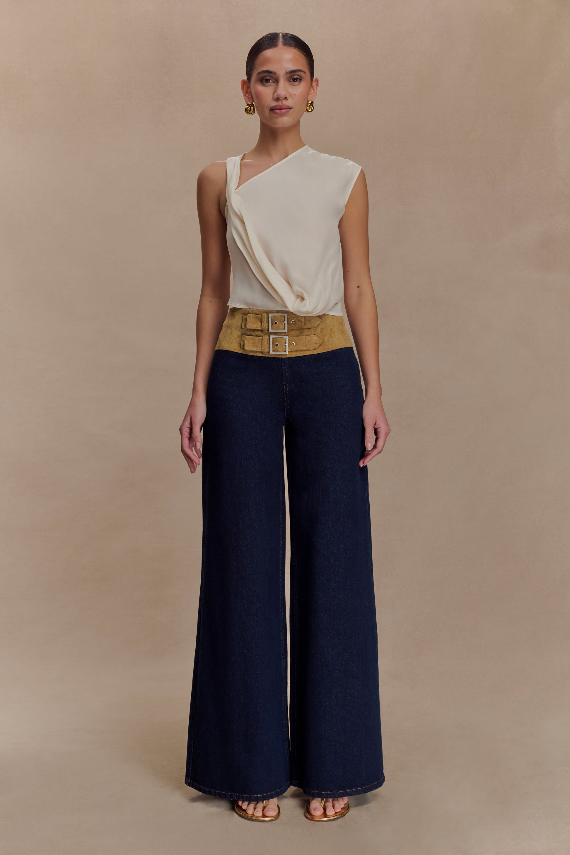 Miranda Faux Suede Belted Denim Wide Leg Jeans - Indigo Blue #6