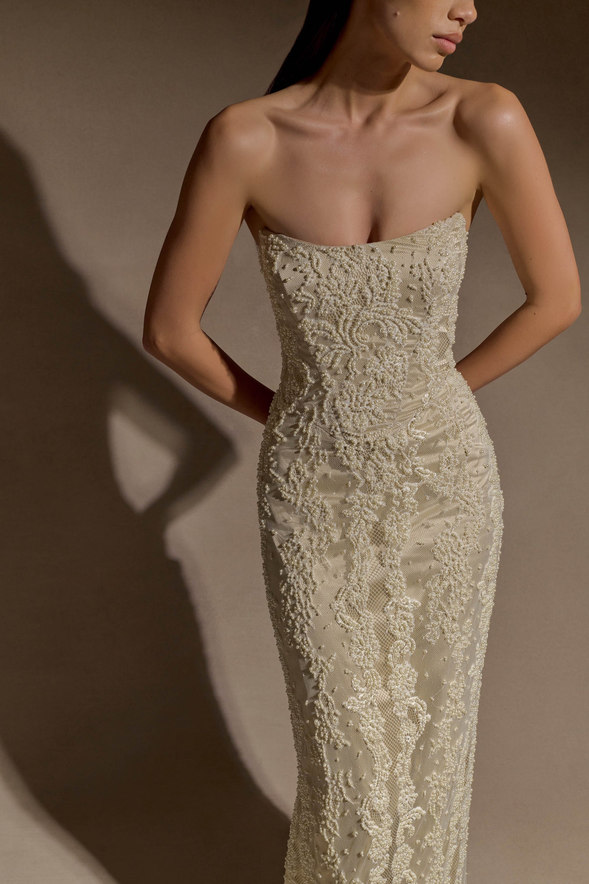Eva Hand Beaded Pearl & Lace Maxi Dress - White #9