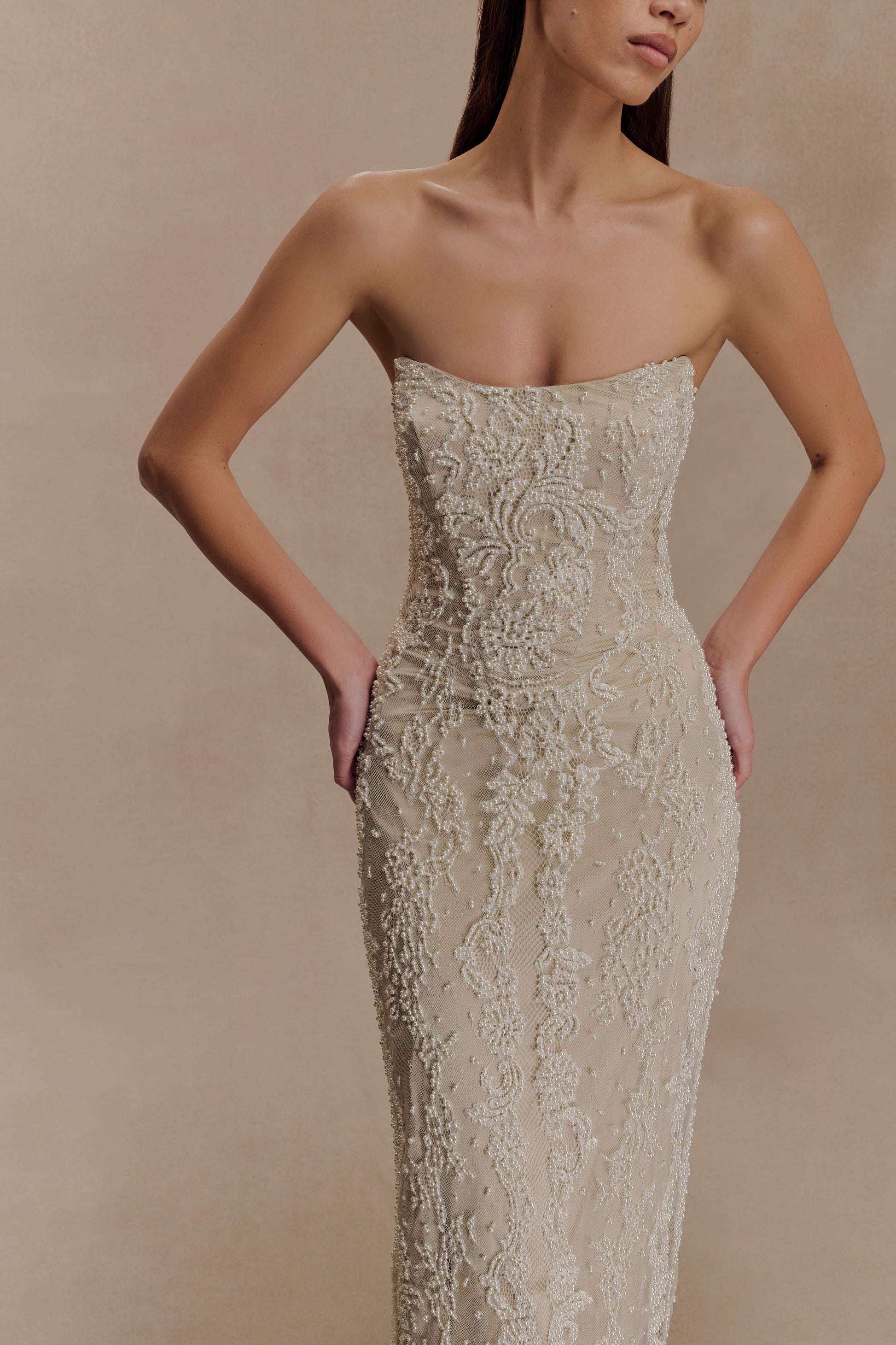 Eva Hand Beaded Pearl & Lace Maxi Dress - White #3