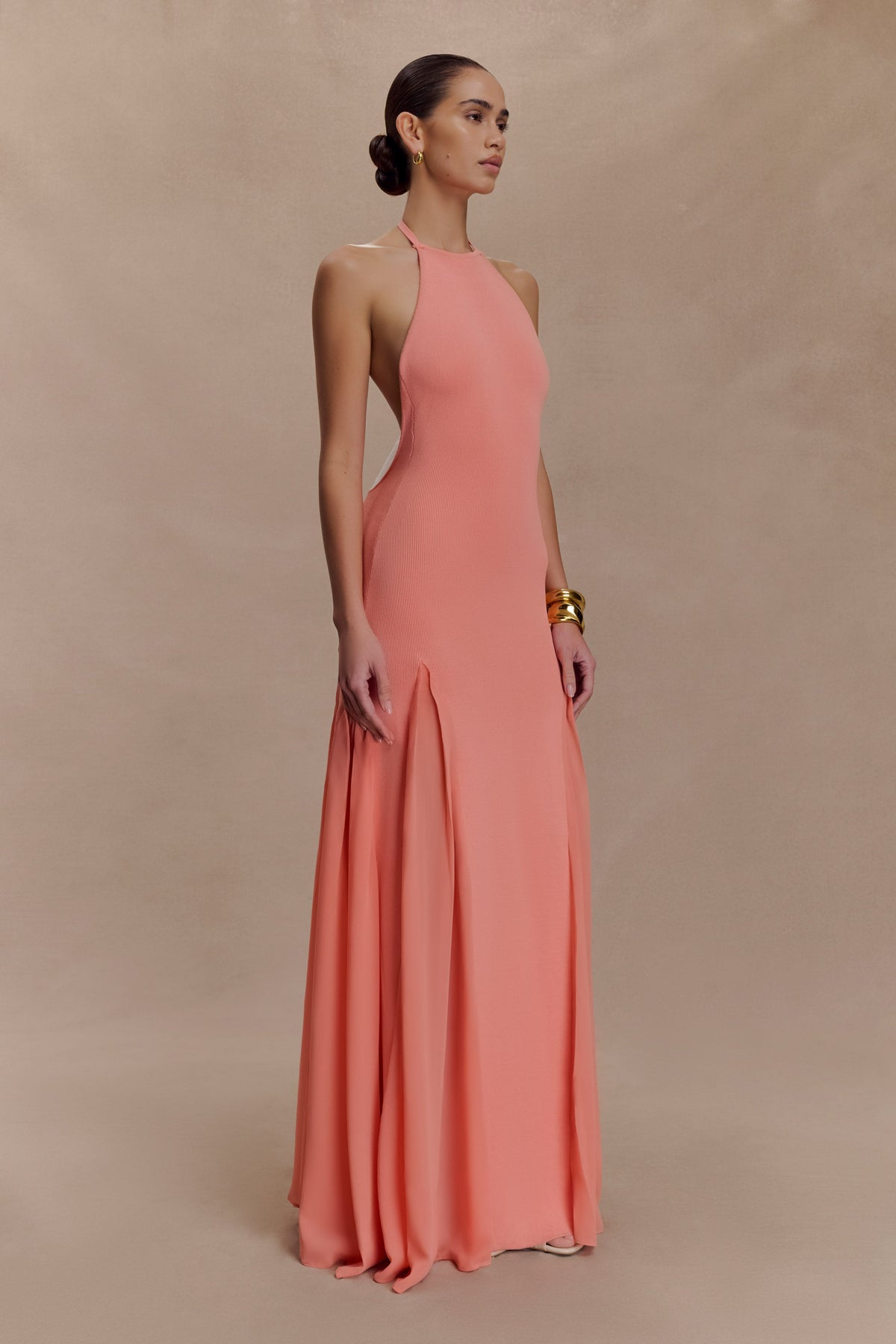 Soleil Knit And Mesh Halter Maxi Dress - Coral #3