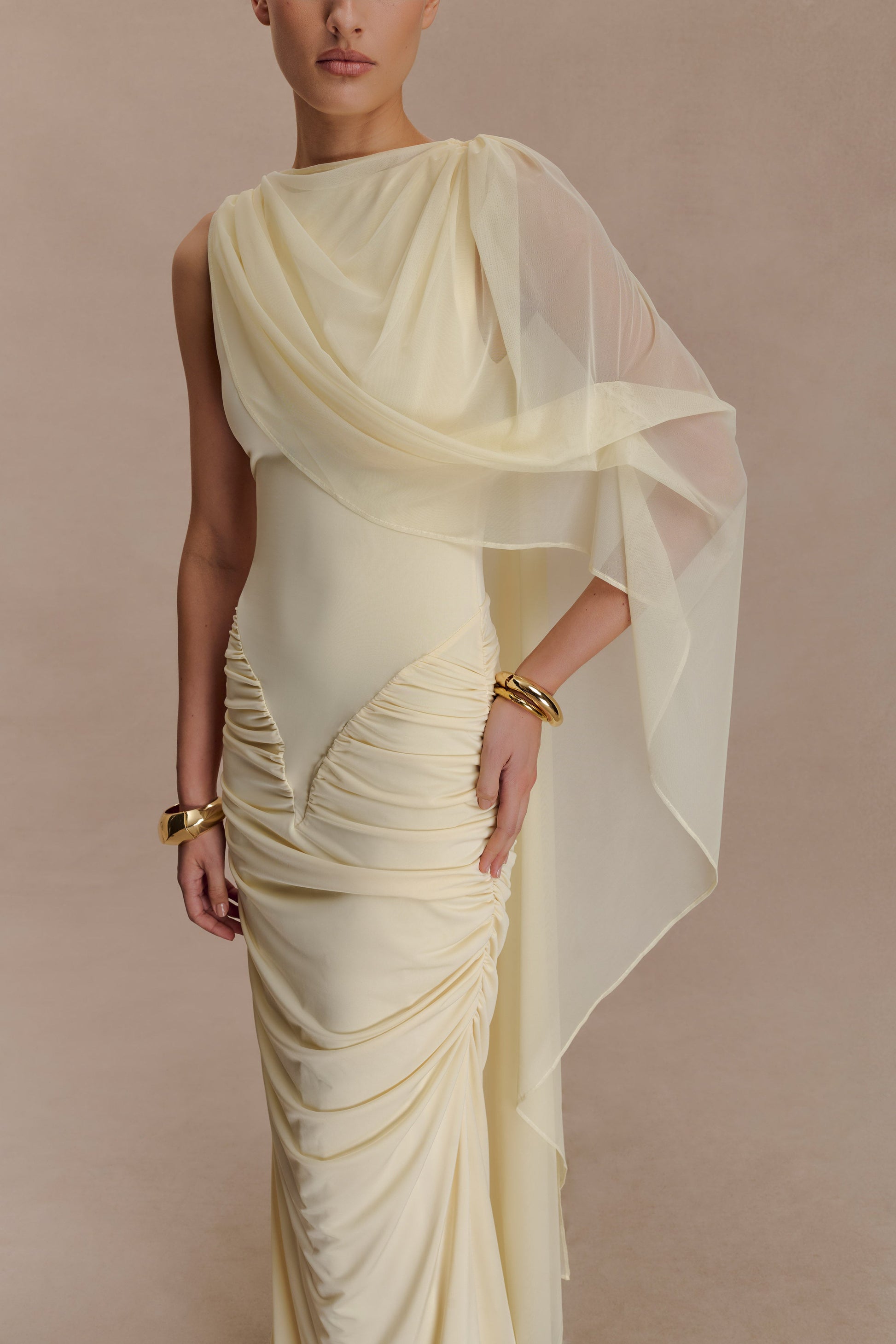 Amandine Ruched Slinky Maxi Dress - Lemon #6