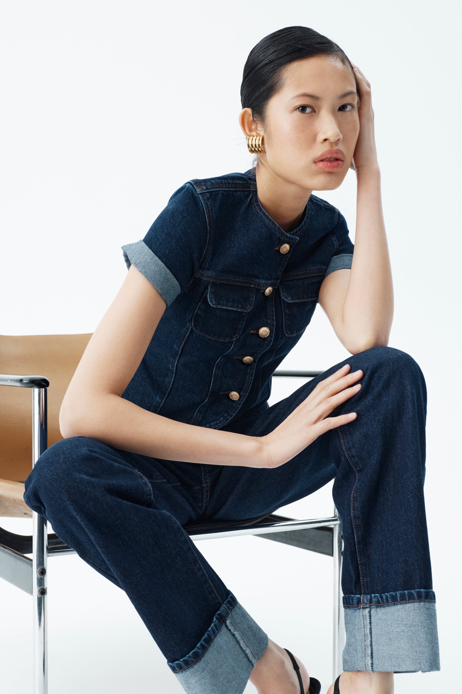 Marge Fitted Denim Short Sleeve Top - Indigo Blue #2