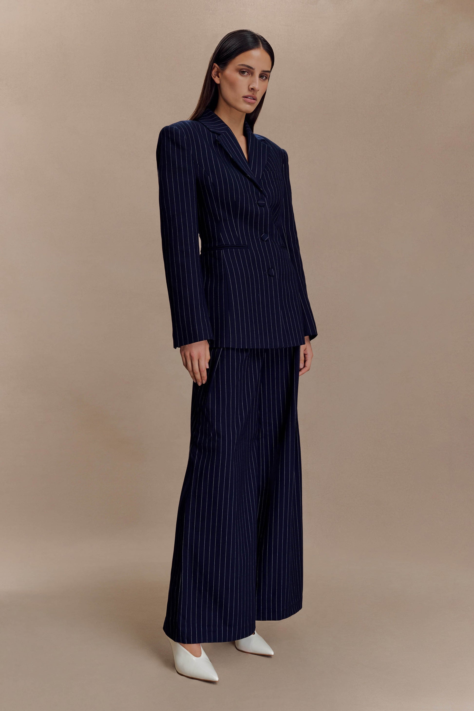 Jacqueline Pleated Wide Leg Pants - Navy Pinstripe #4