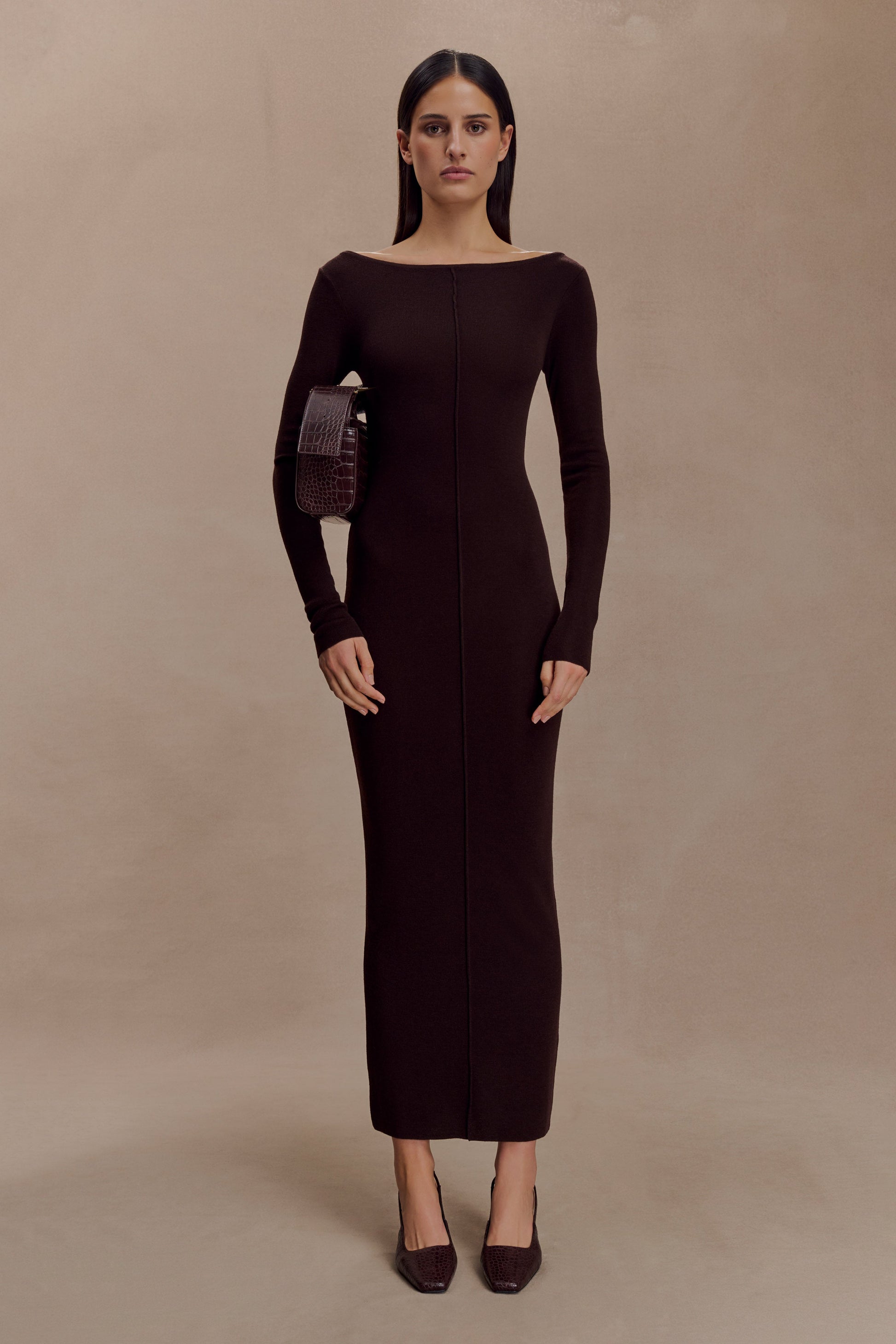 Cleona Merino Wool Ribbed Long Sleeve Maxi Dress - Deep Chocolate #2
