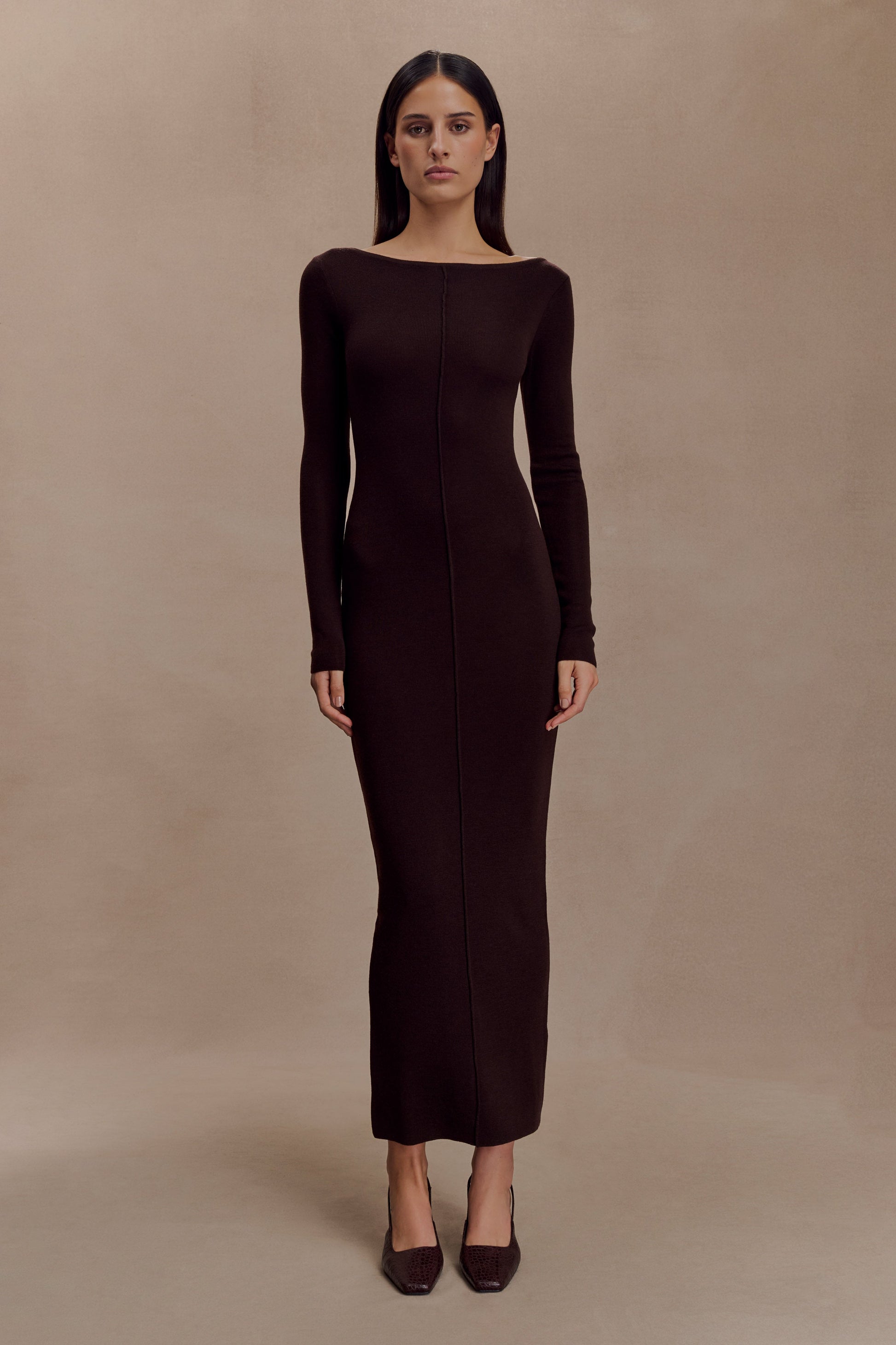 Cleona Merino Wool Ribbed Long Sleeve Maxi Dress - Deep Chocolate #5