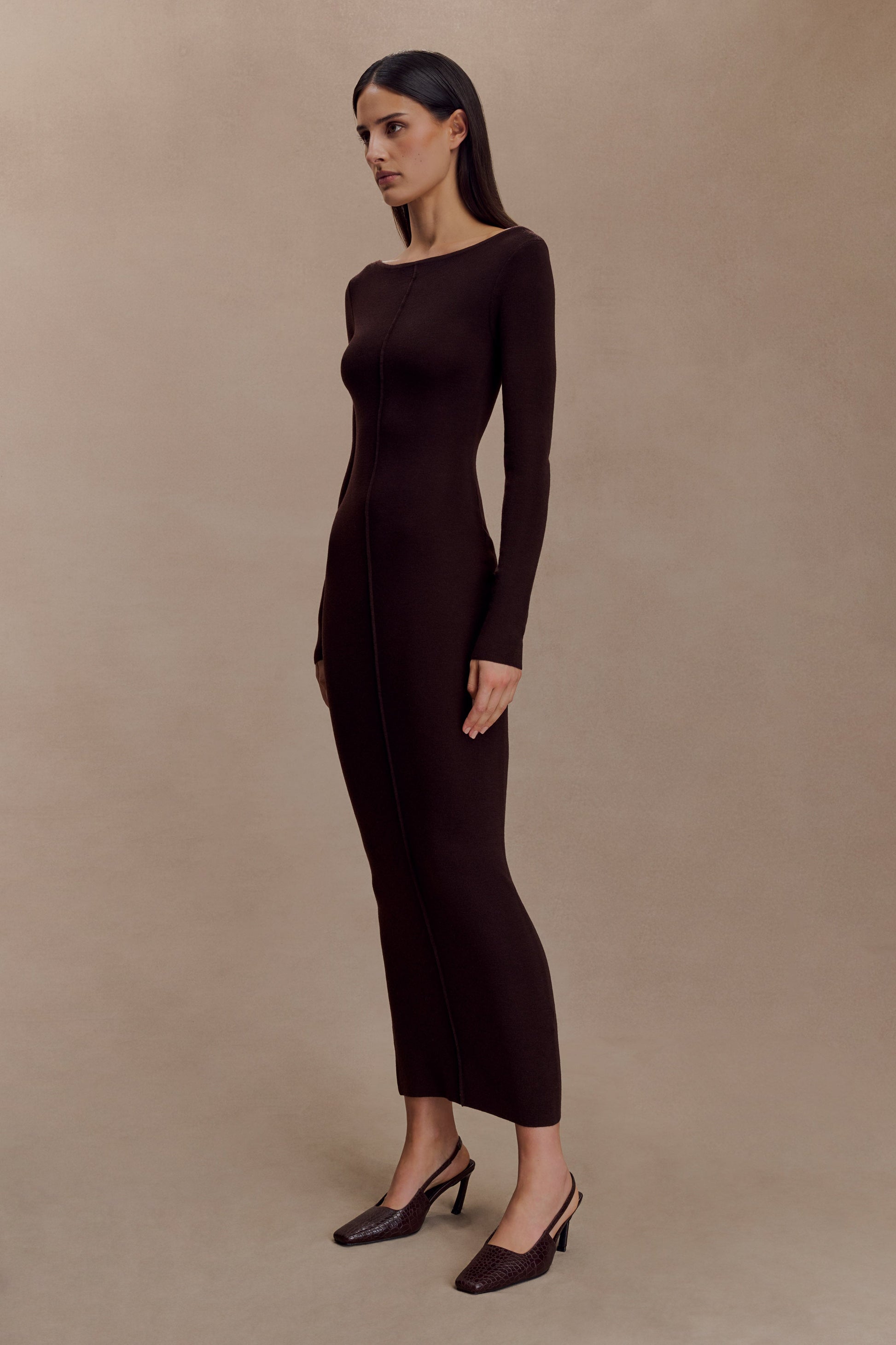Cleona Merino Wool Ribbed Long Sleeve Maxi Dress - Deep Chocolate #4