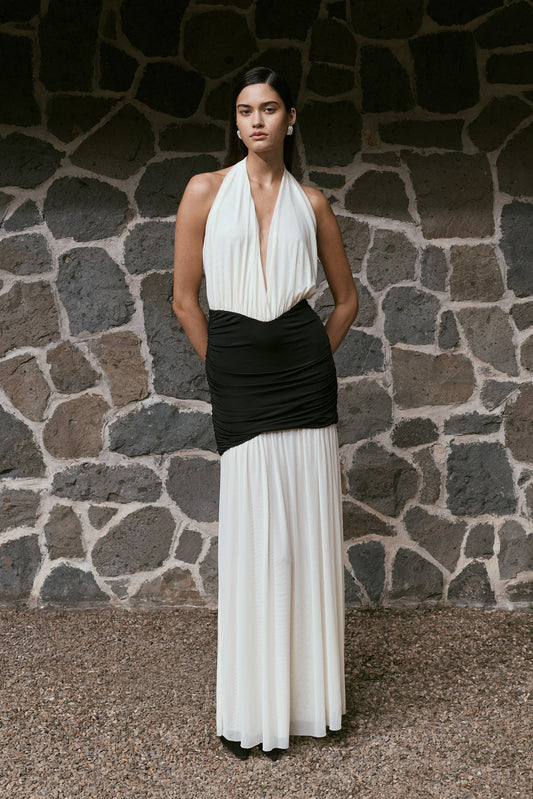 Hailee Slinky And Mesh Halter Maxi Dress - Black/White