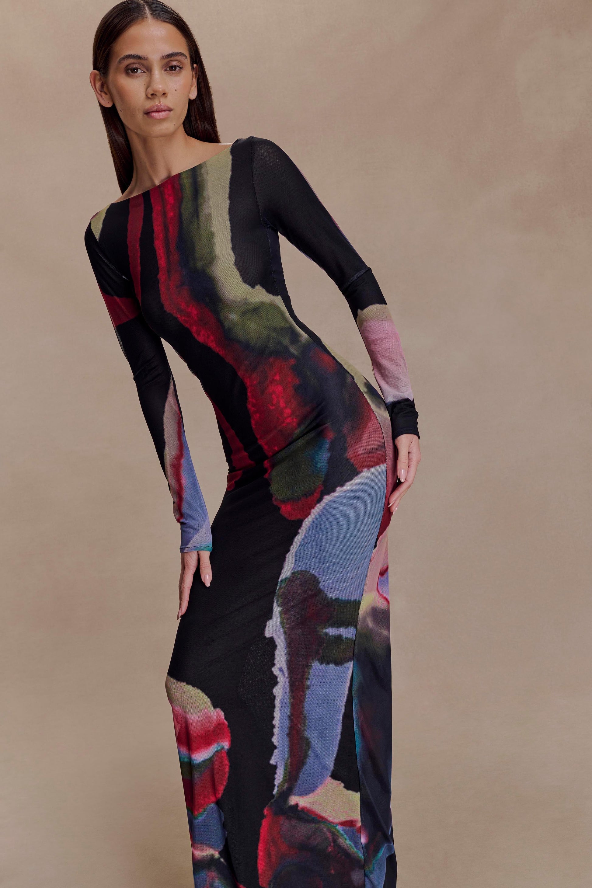 Soraya Long Sleeve Mesh Maxi Dress - Multi Fluid Reverie Print #4