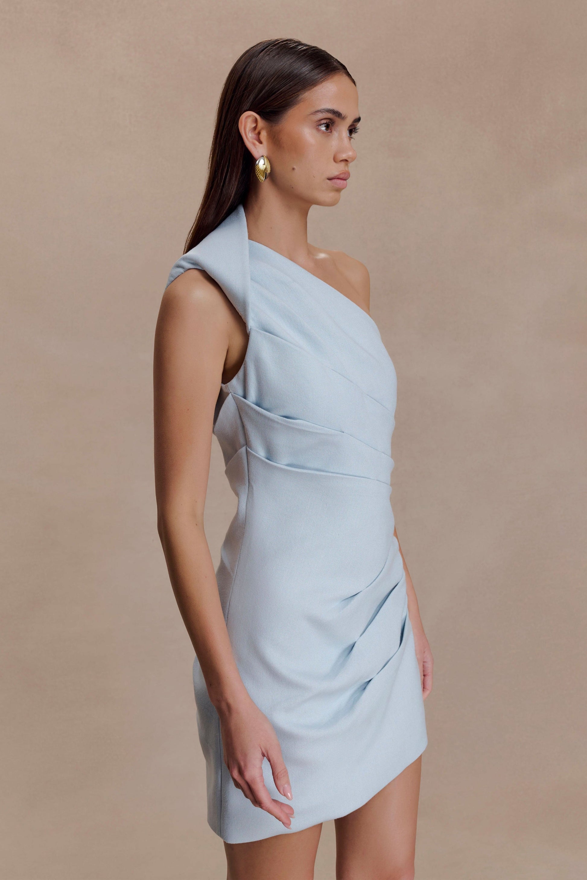 Helena One Shoulder Linen Mini Dress - Powder Blue #4