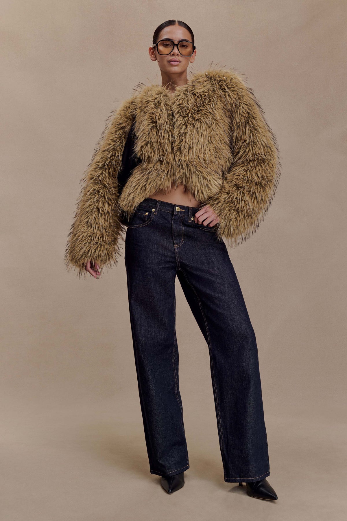 Ottie Faux Fur Cropped Jacket - Brown Multi