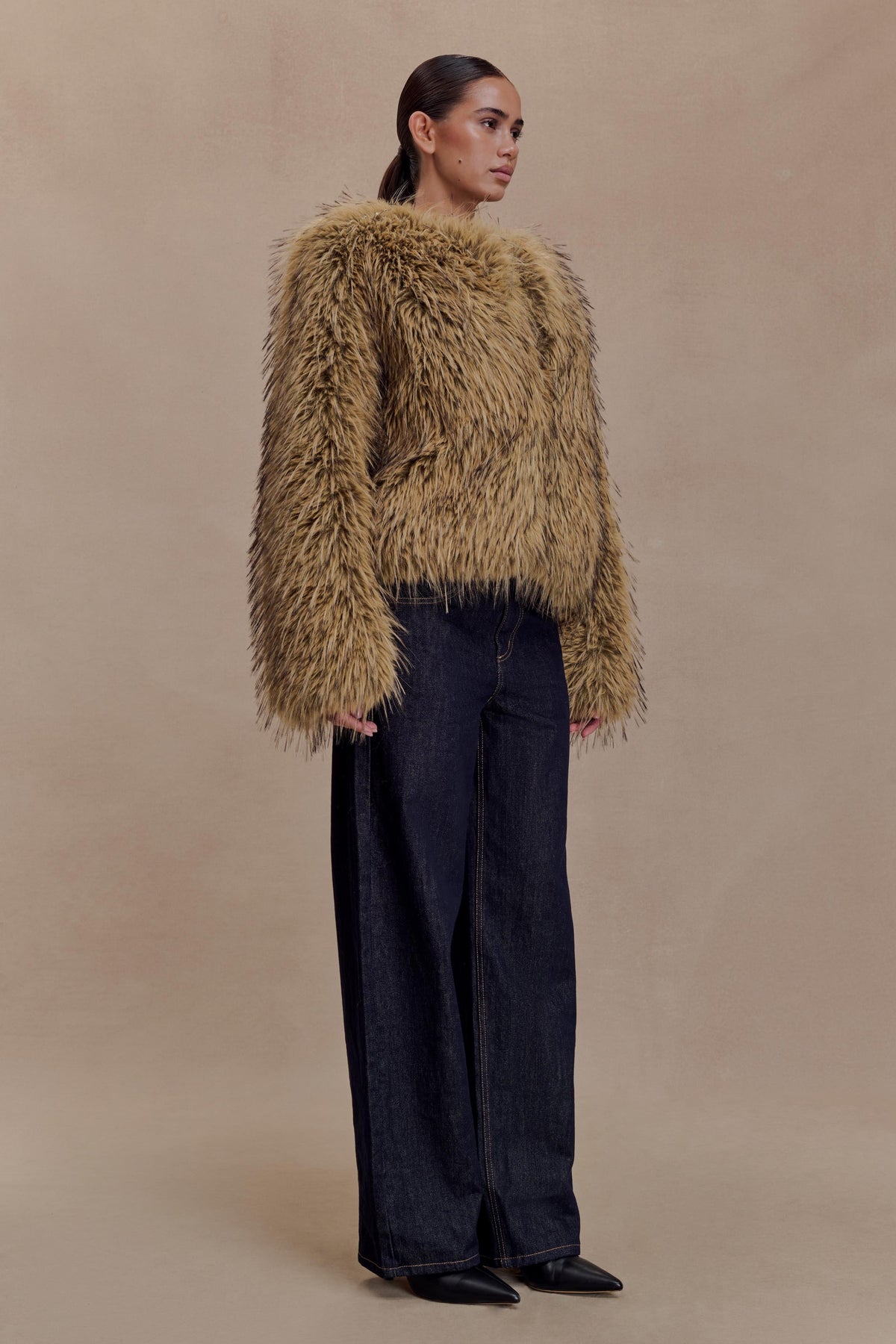 Ottie Faux Fur Cropped Jacket - Brown Multi