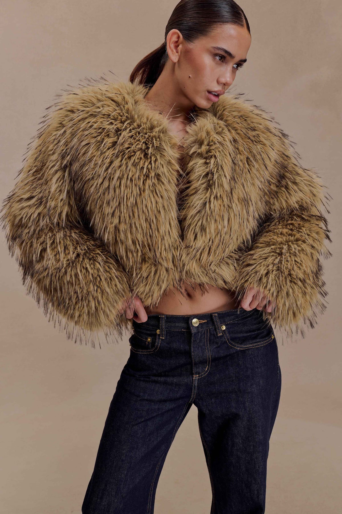 Ottie Faux Fur Cropped Jacket - Brown Multi