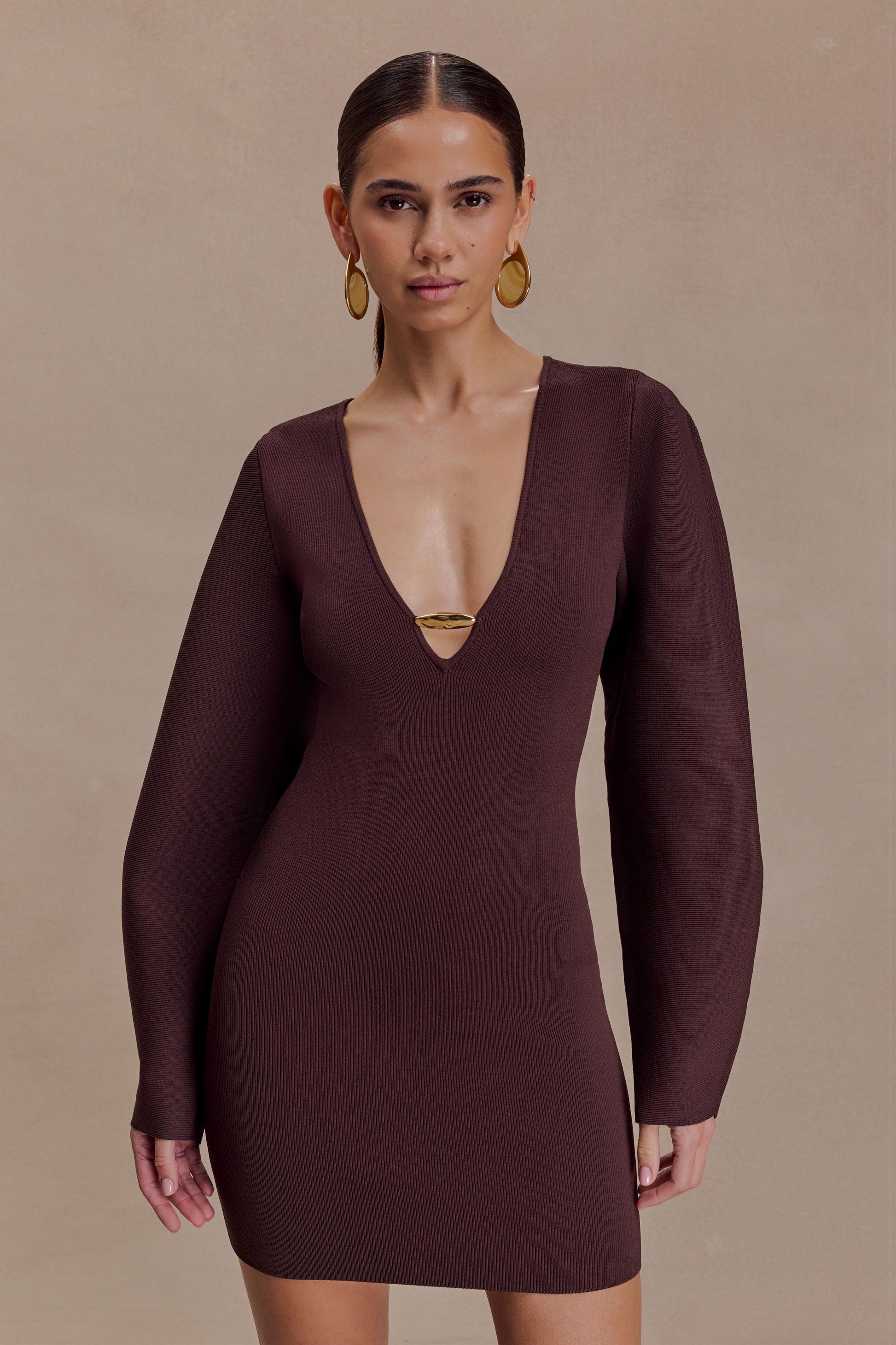 Billy Balloon Sleeve Knit Mini Dress - Dark Chocolate #7