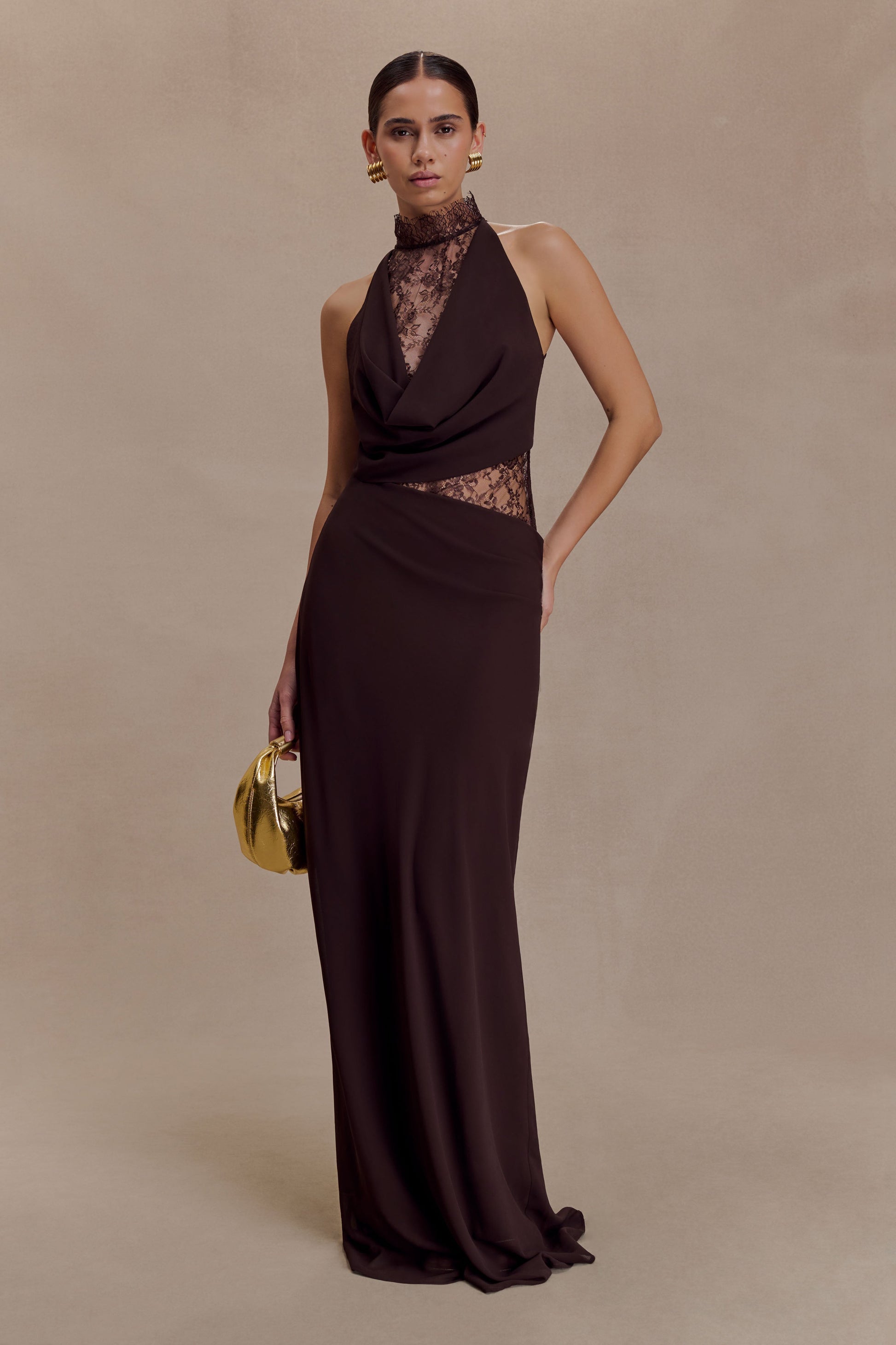 Arra Chiffon And Lace Halter Maxi Dress - Cacao Brown #5