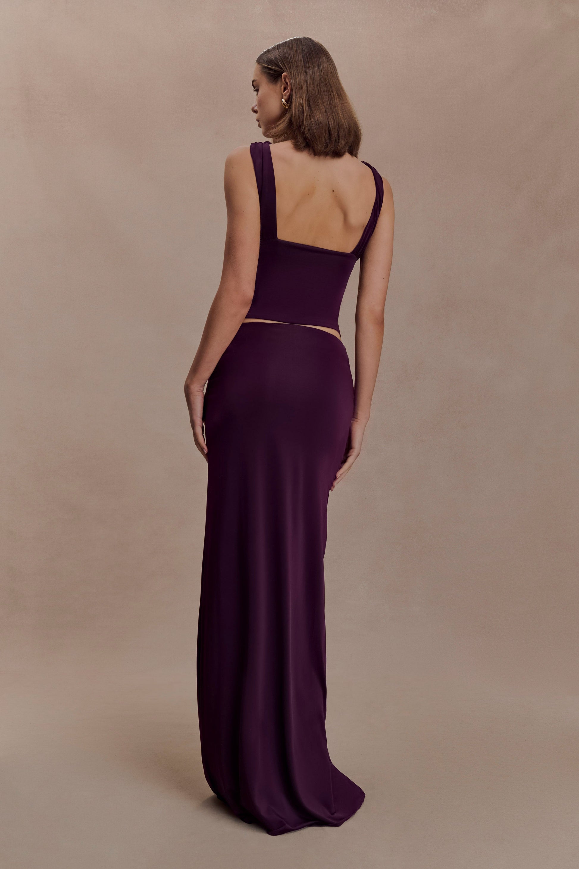 Erina Slinky Ruched Maxi Skirt With Hardware - Aubergine #2