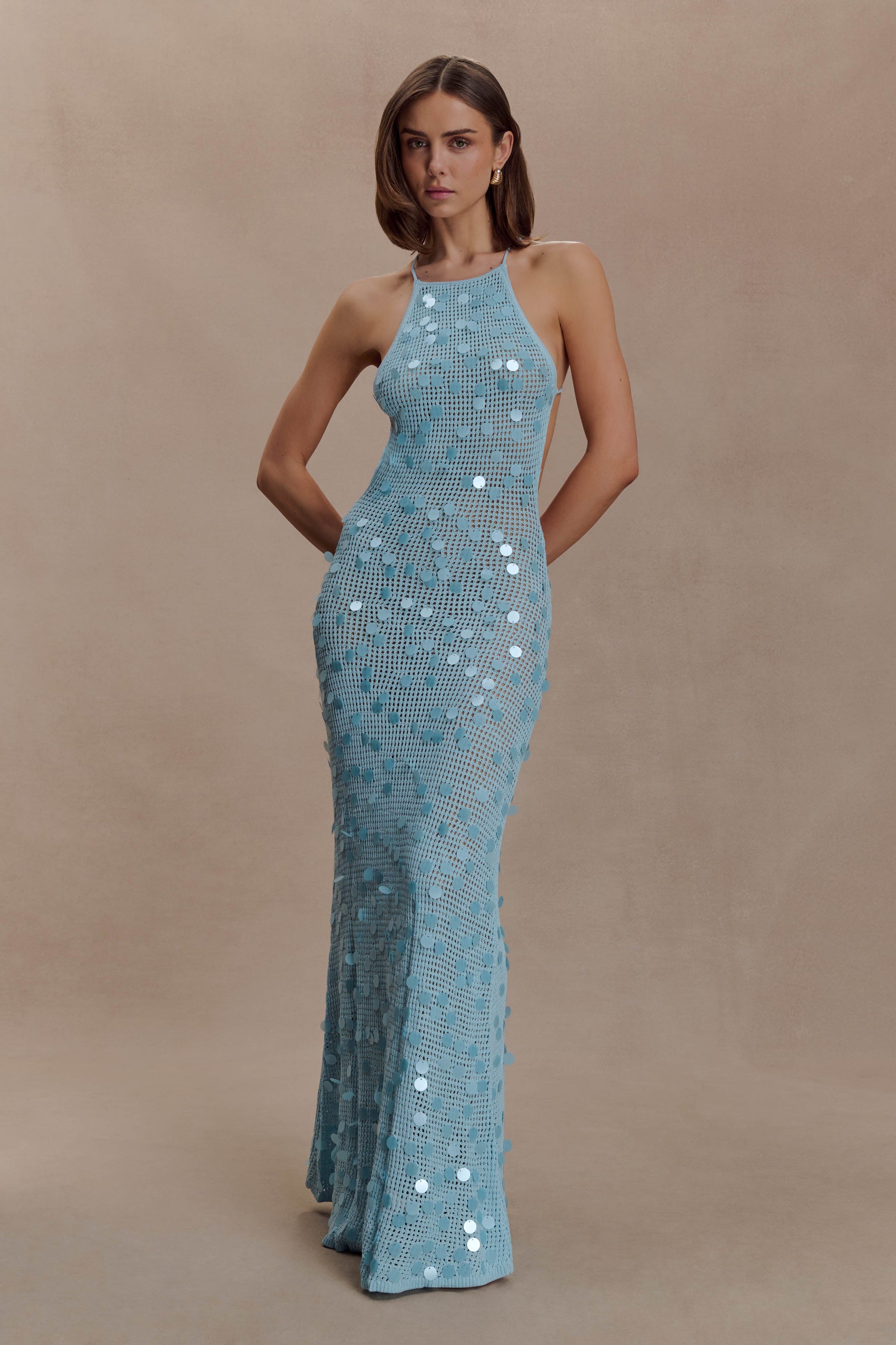 Carmen Crochet Sequin Maxi Open Back Dress - Blue #2