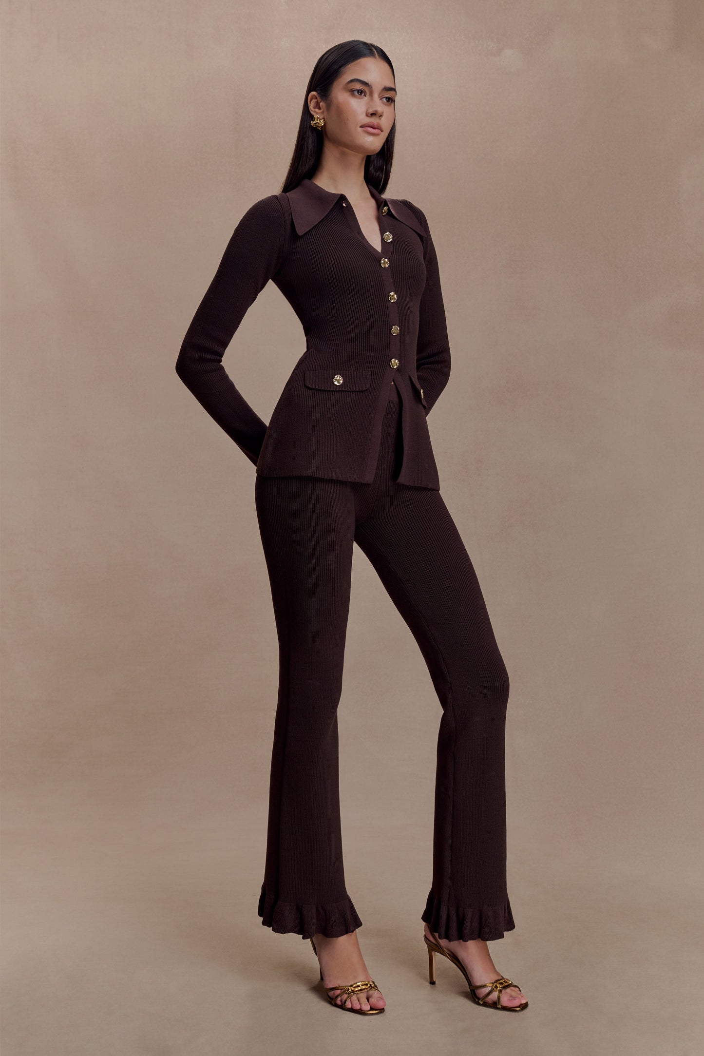 Suzie Ribbed Flared Pants - Chocolate