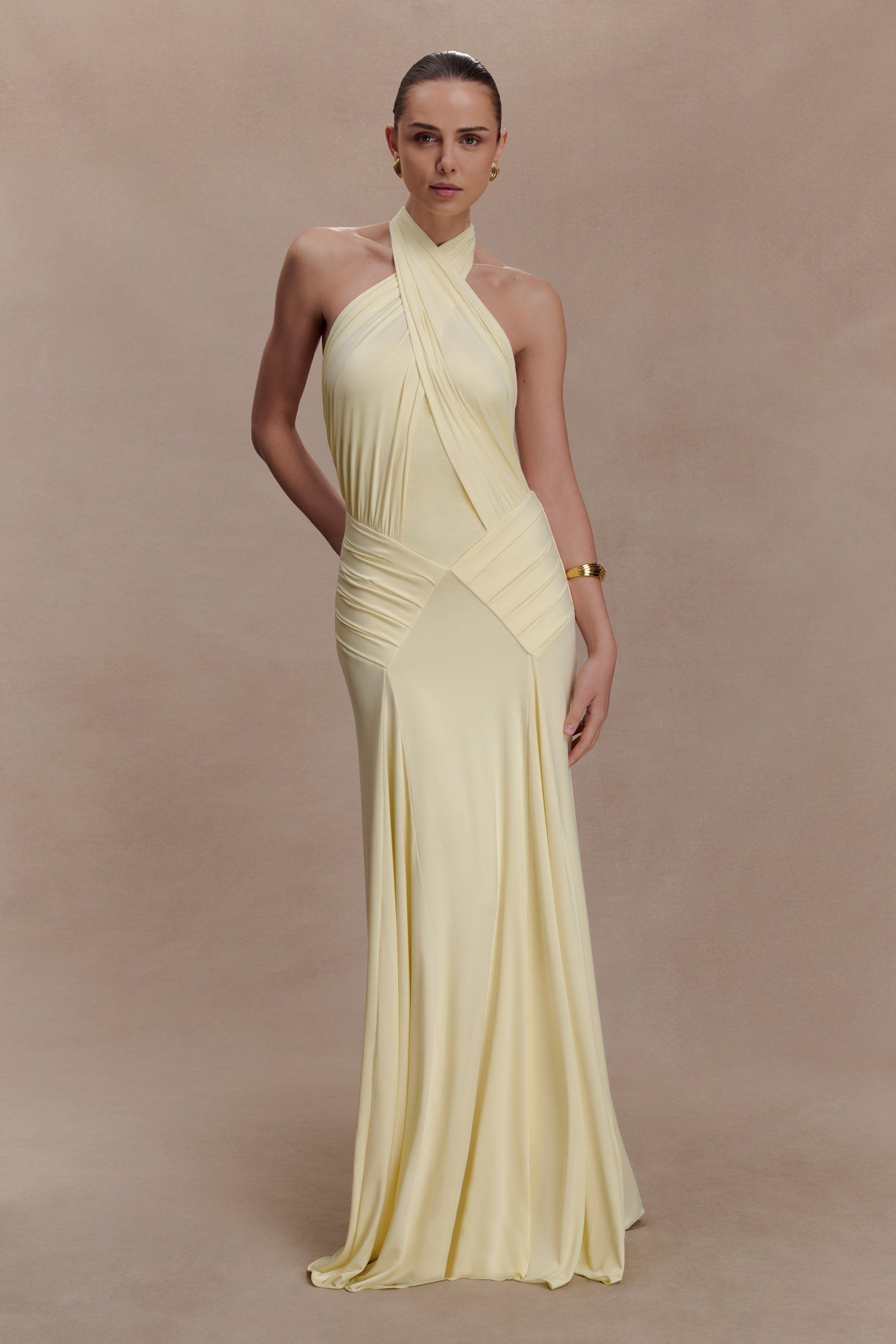 Indira Gathered Slinky Halter Maxi Dress - Lemon #5