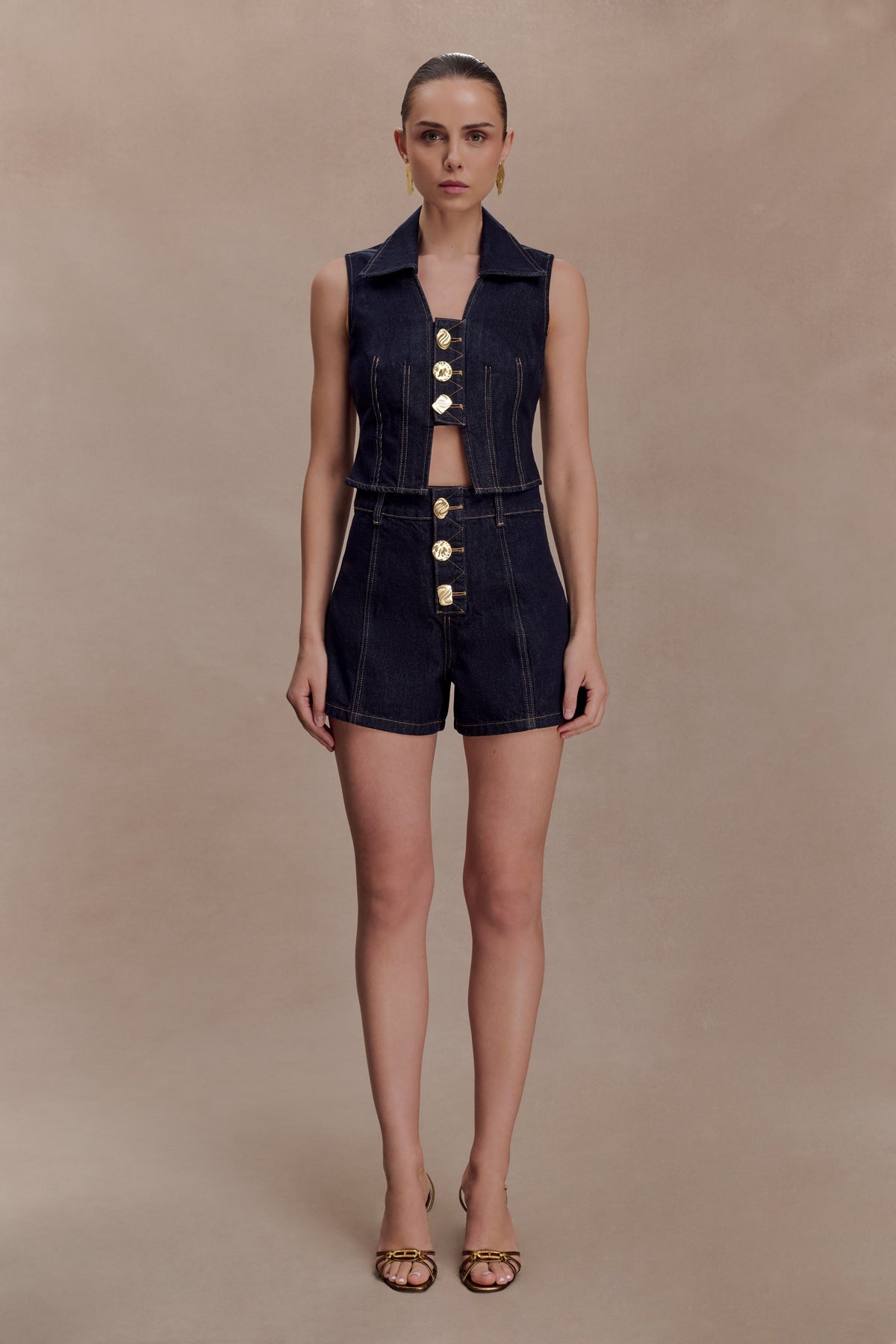 Shona Denim Vest With Decorative Buttons - Washed Indigo Blue #5