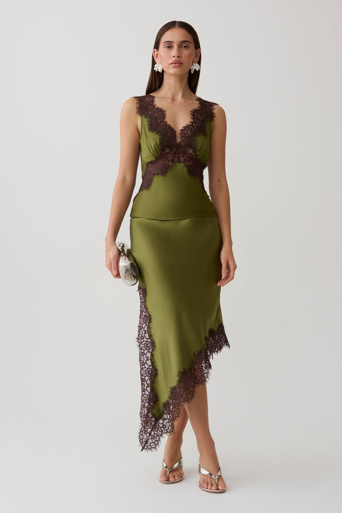 Amber Satin And Lace Midi Skirt - Olive #2