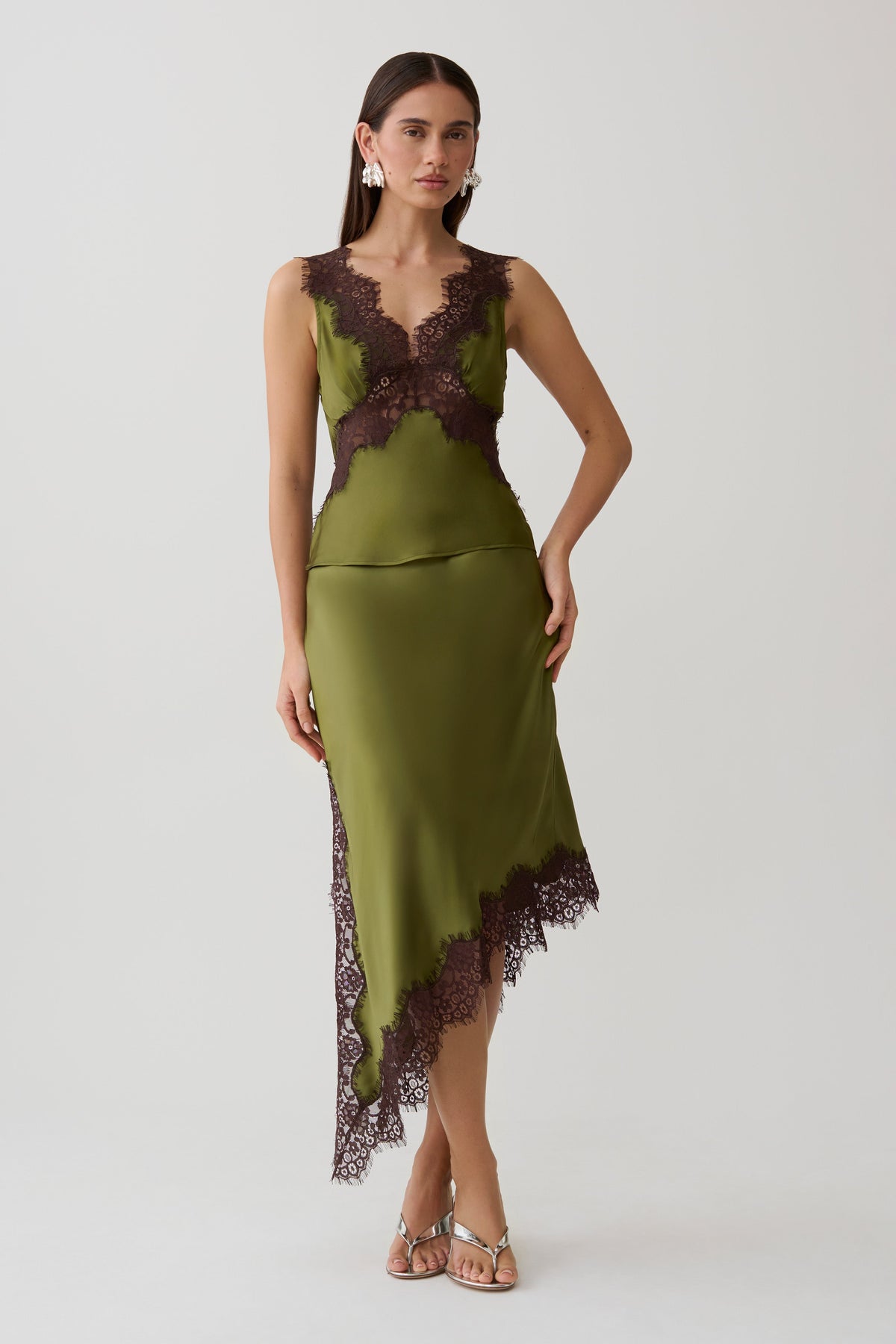 Amber Satin And Lace Midi Skirt - Olive