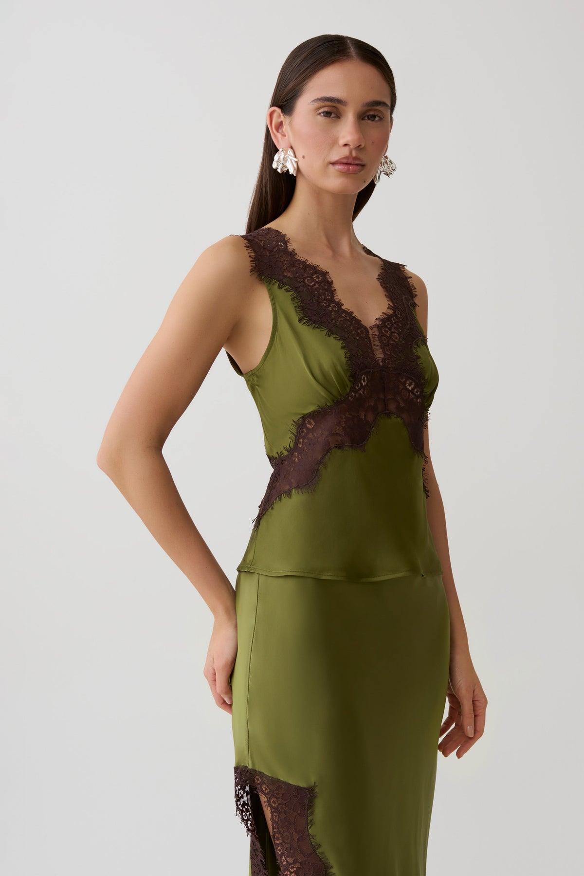 Amber Satin And Lace Camisole - Olive #3