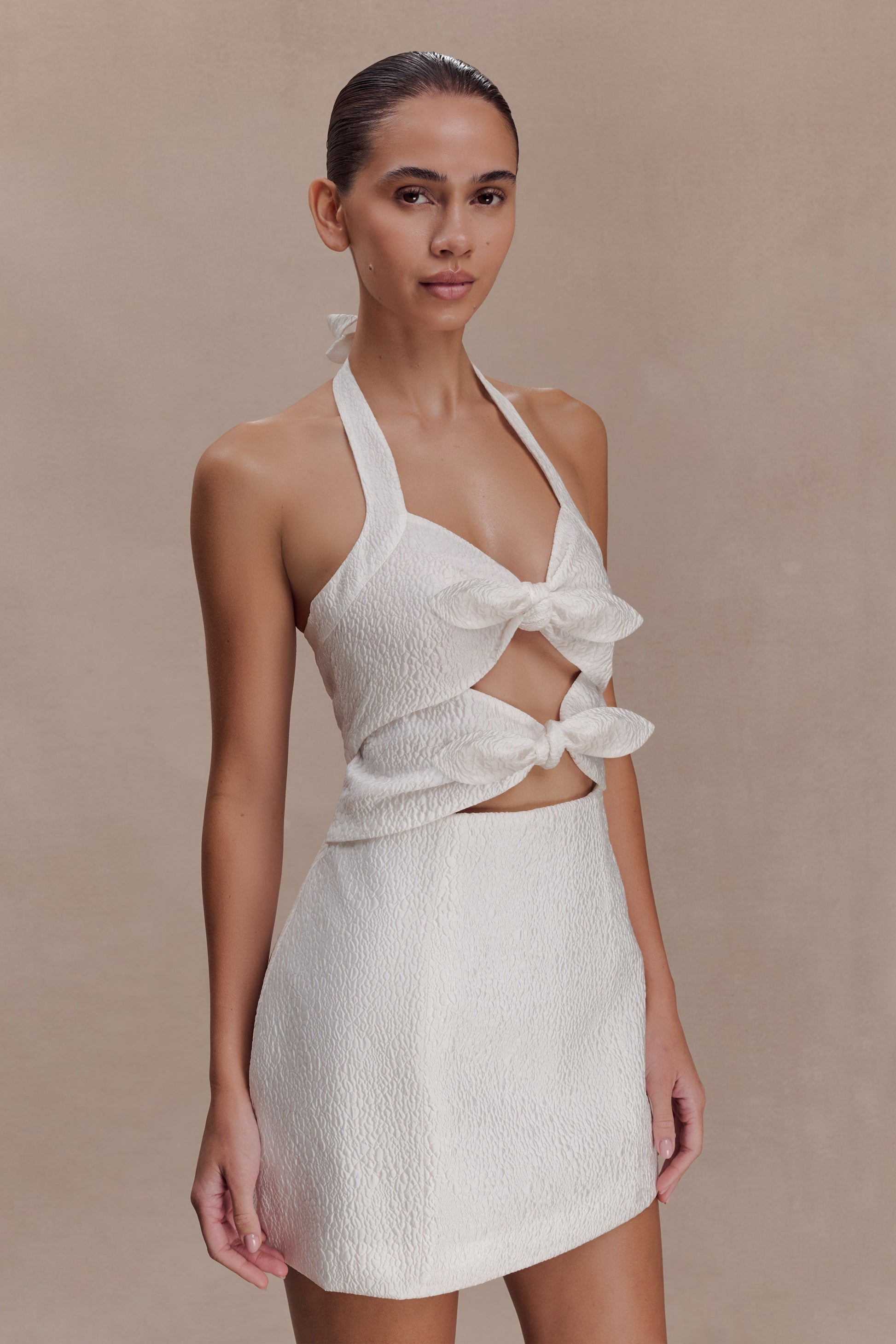 Ella Bow Detail Halter Mini Dress - White #3