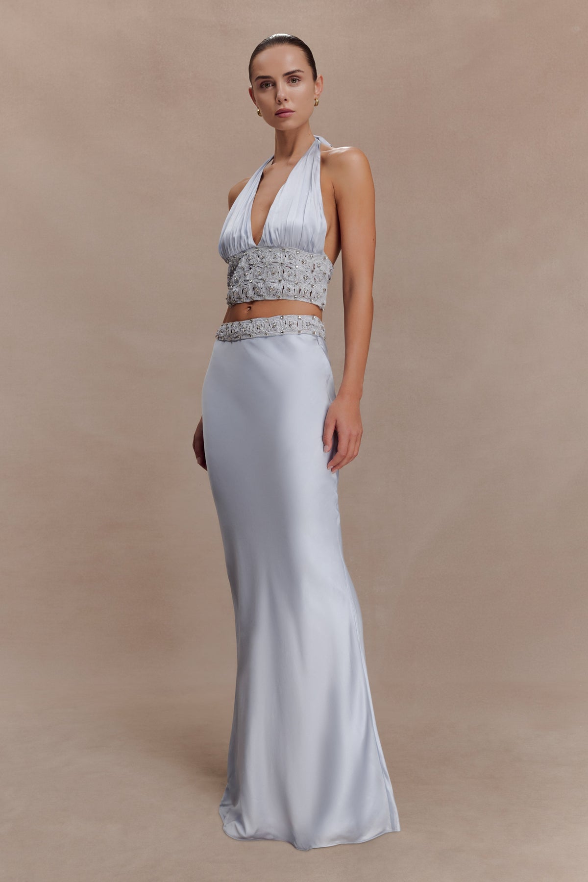 Clementine Chiffon Hand Beaded Maxi Skirt - Pale Blue #3