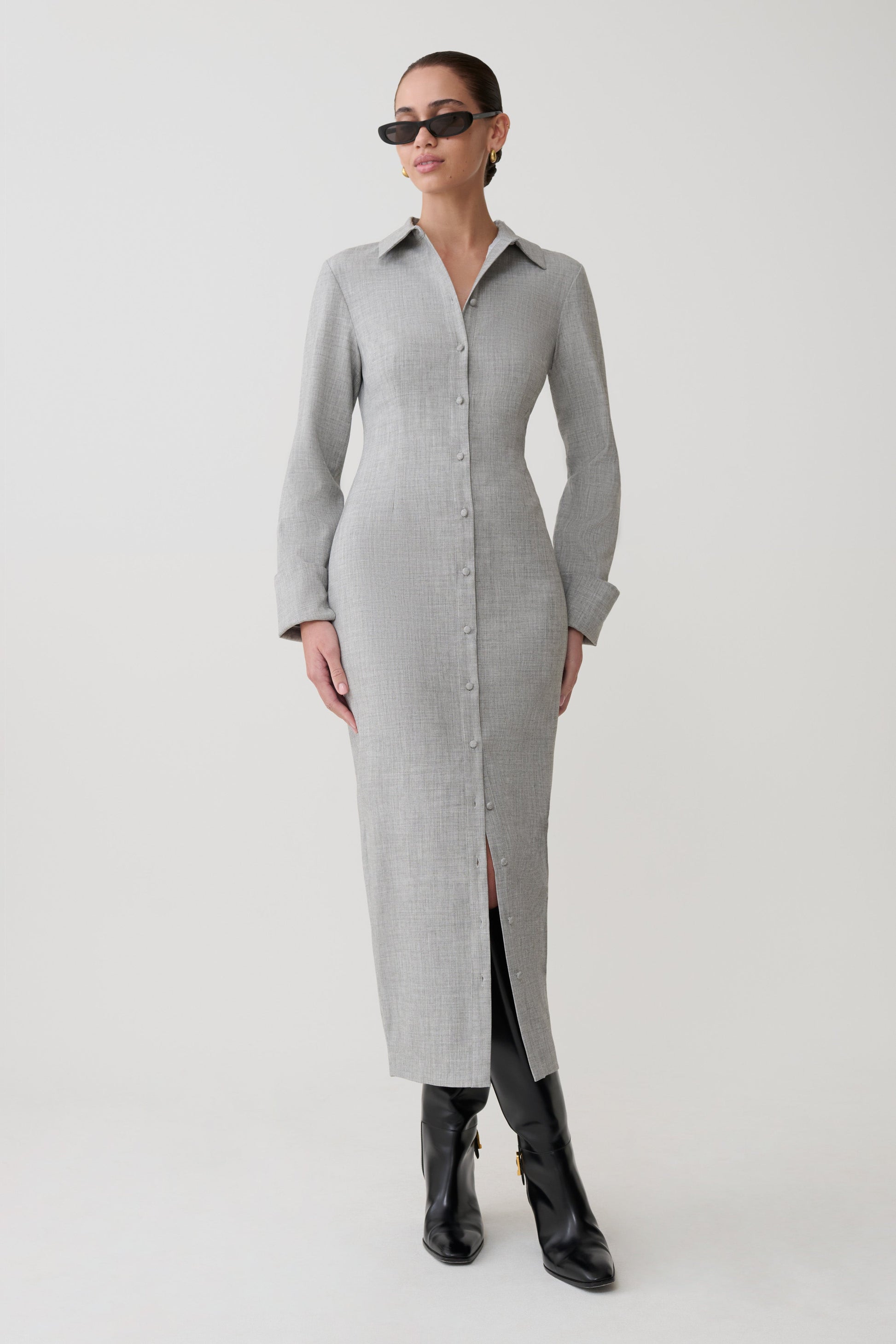Dorian Fitted Shirt Midi Dress - Charcoal Marle #6