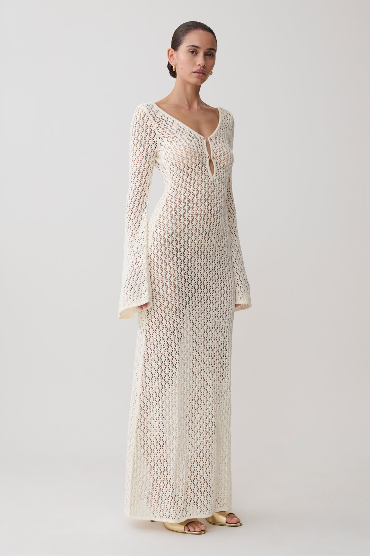 Kayleigh Crochet Fishtail Flare Sleeve Maxi Dress - White #3