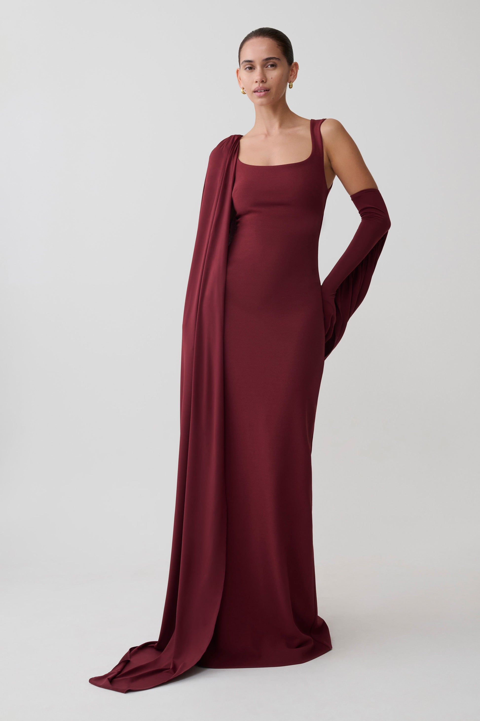 Rhea Detachable Cape Jersey Maxi Dress - Wine #5