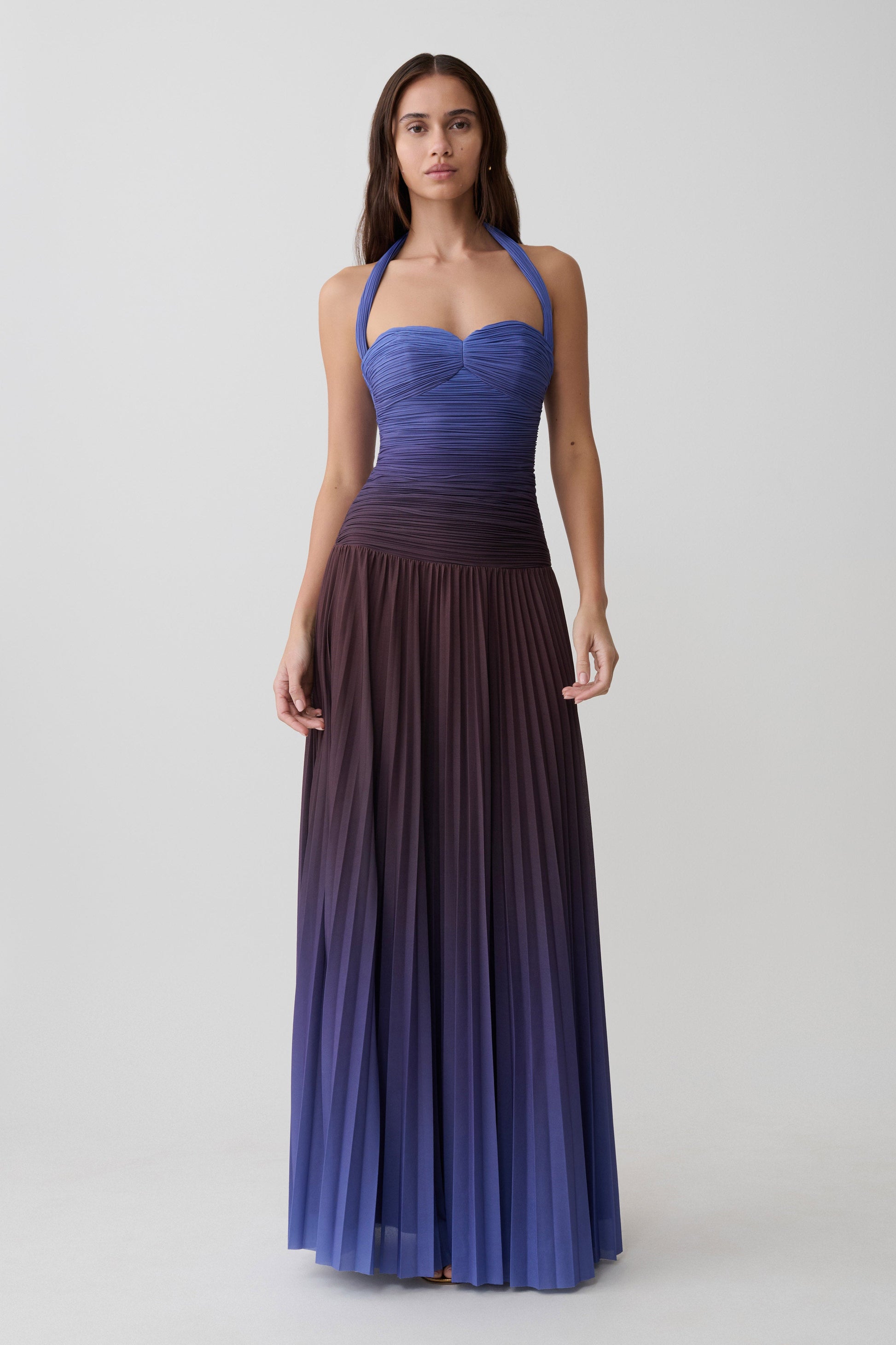 Azizi Pleated Halter Midi Dress - Chocolate & Blue Ombre Print #4