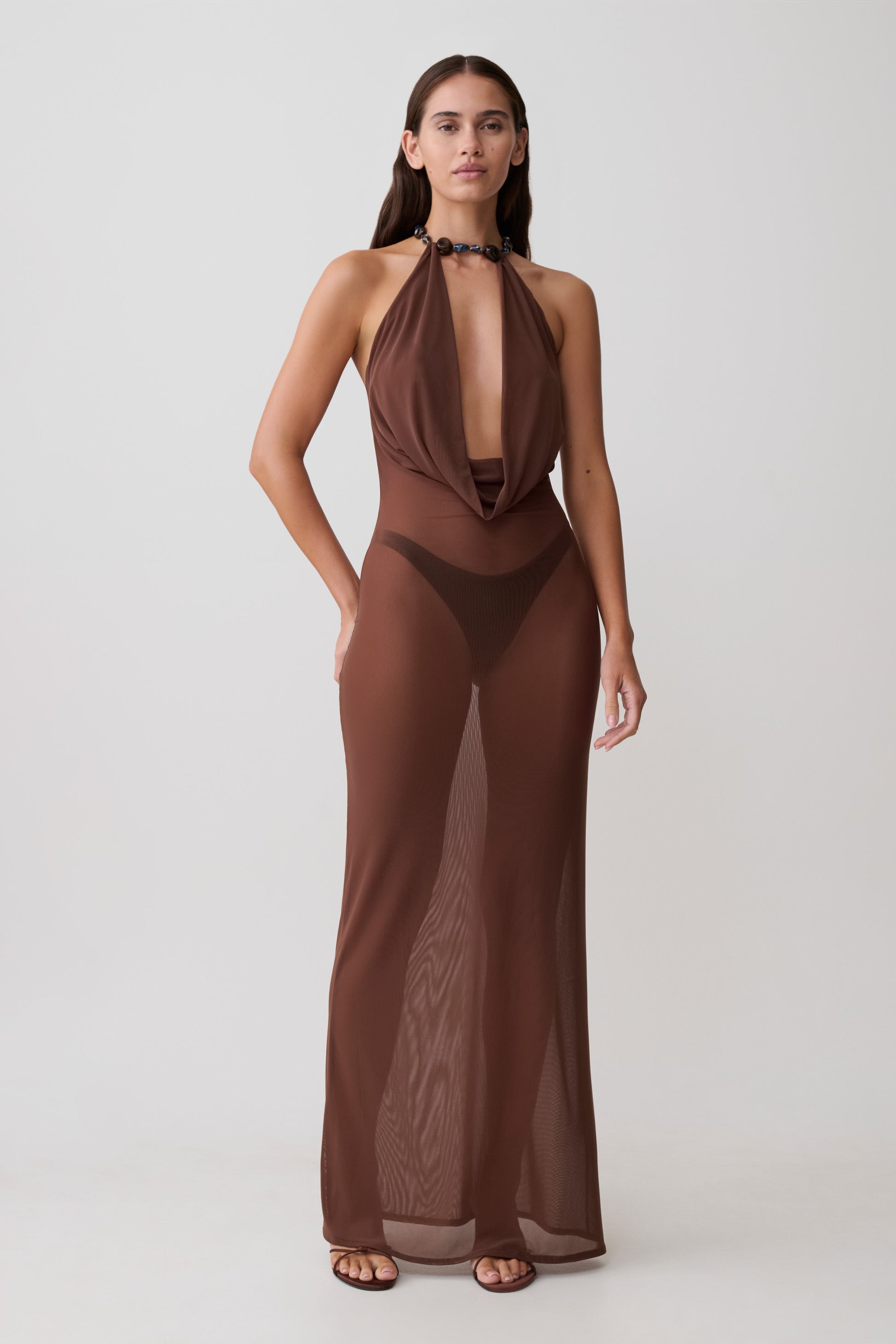 Ethal Mesh Cowl Neck Beaded Maxi Dress - Chocolate #5